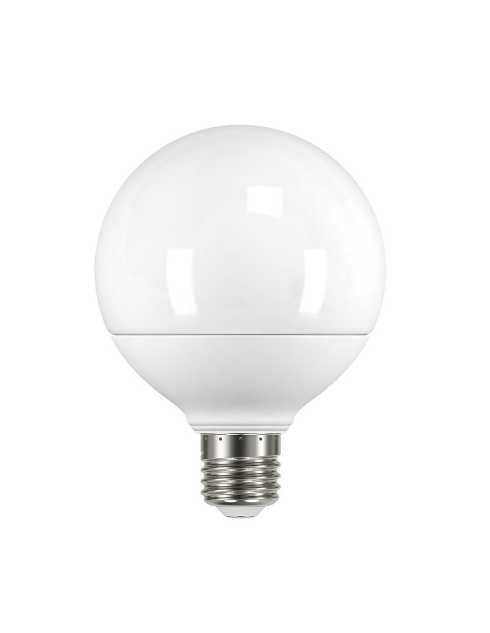 Eine weiße kugelförmige LED-Lampe mit einem silbernen Gewindesockel.