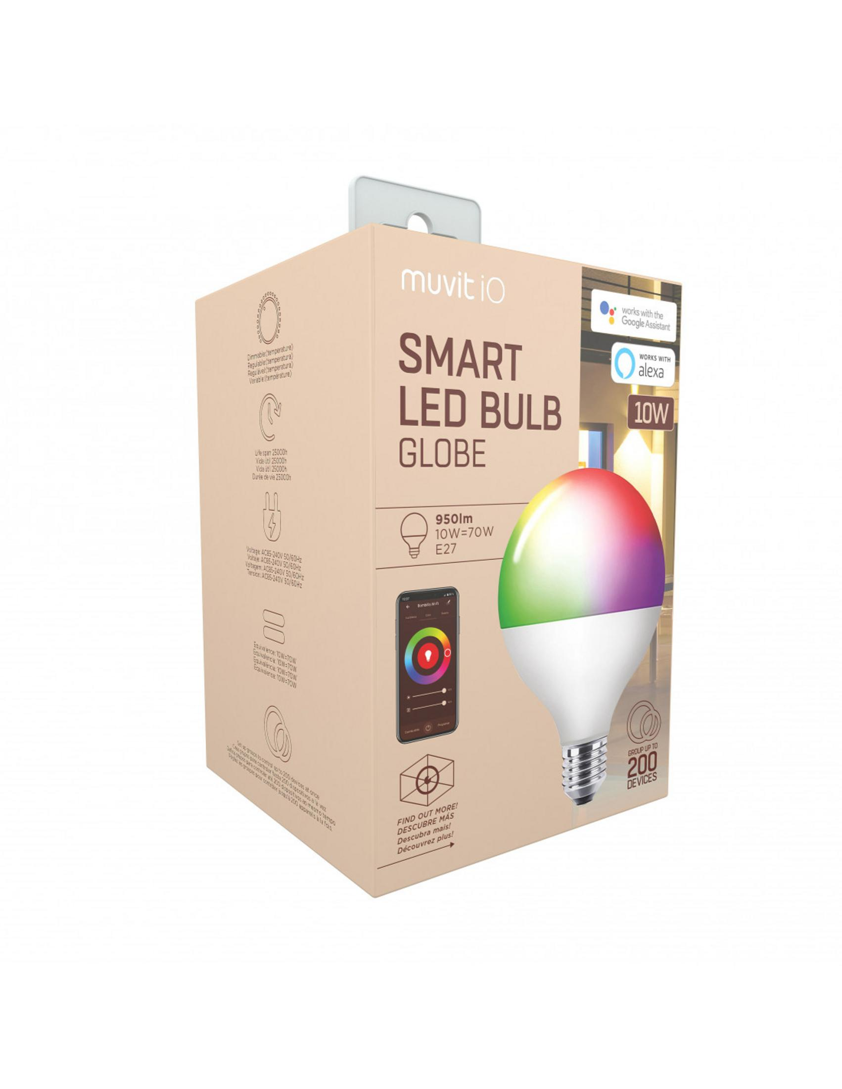 Verpackung einer muvit iO Smart LED-Globuslampe mit bunten Lichtern, 10W.
