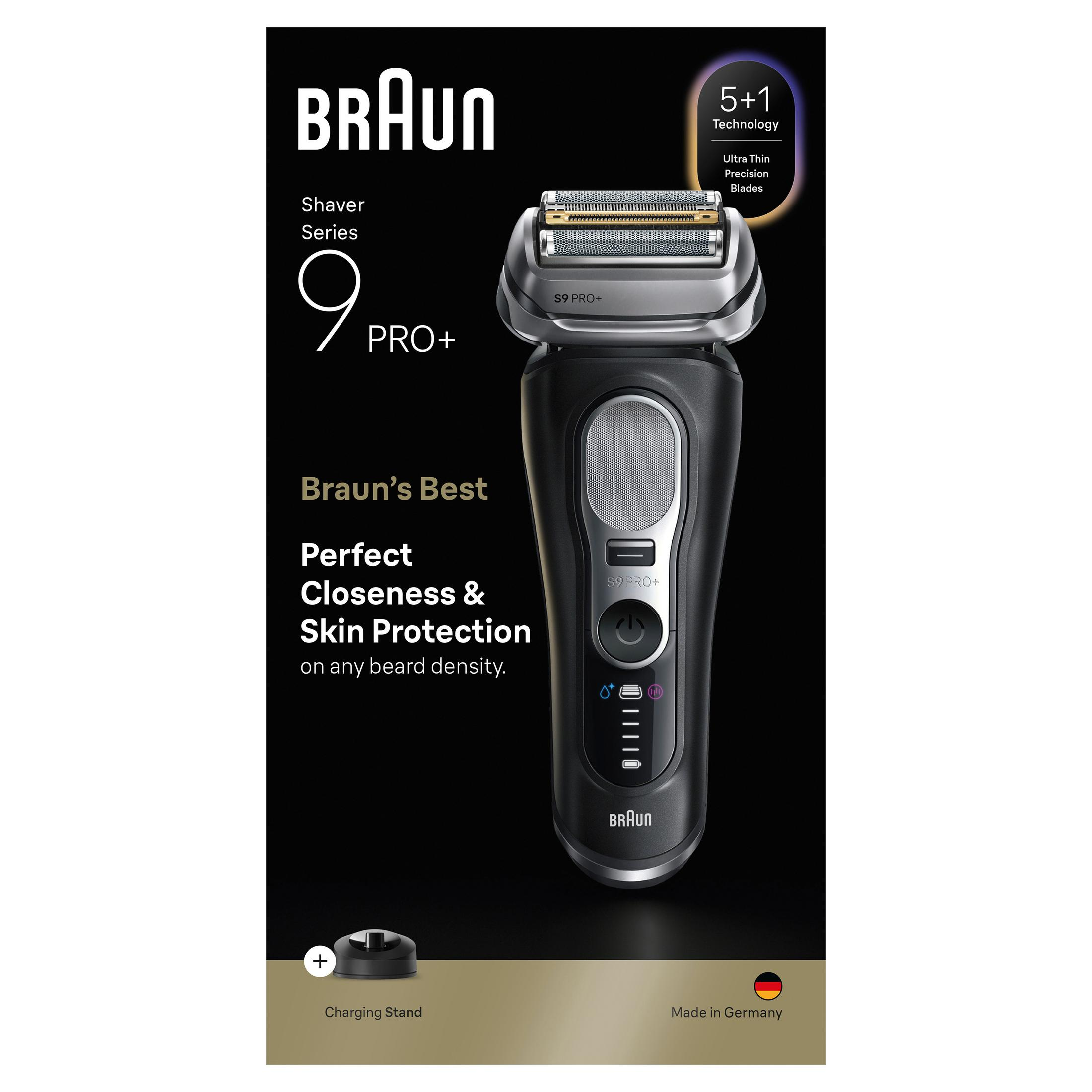 Rasoir électrique Braun Series 9 Pro+ avec socle de chargement et label Made in Germany.