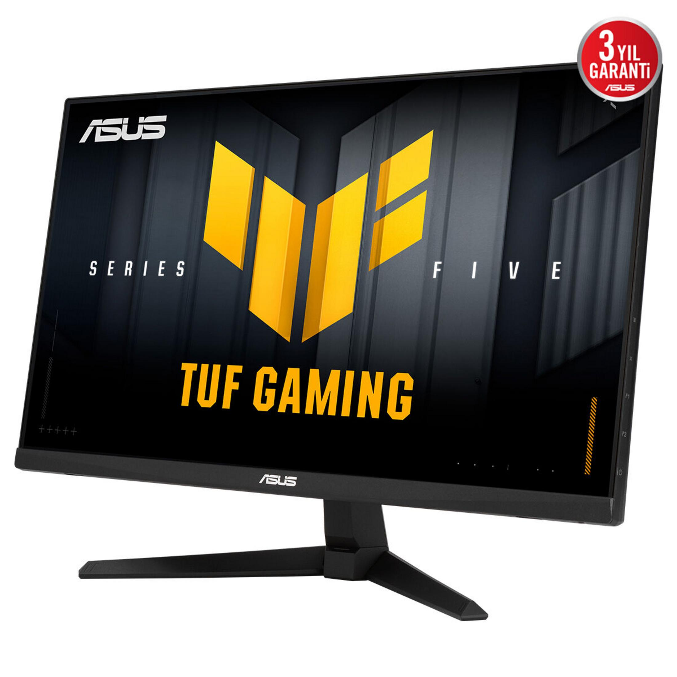 Un moniteur noir ASUS TUF Gaming avec logo jaune et autocollant de garantie.