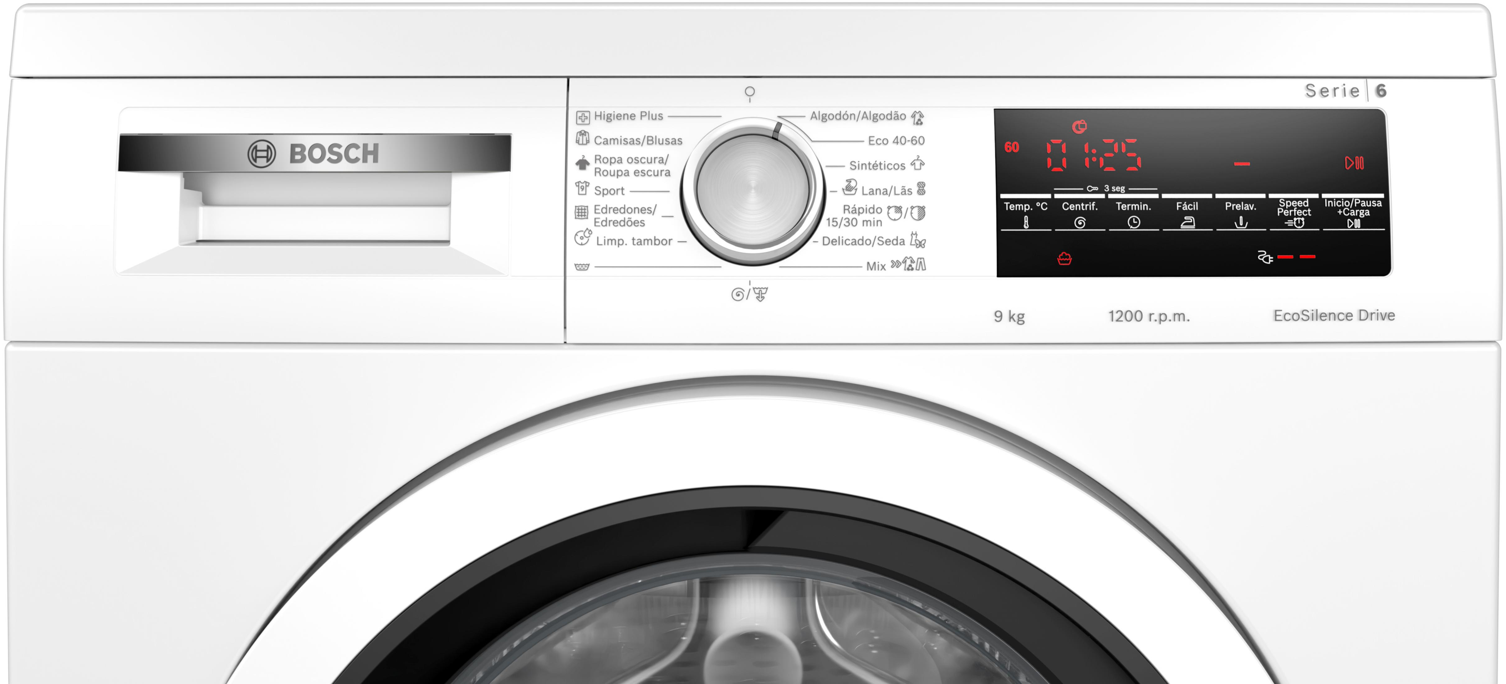 Lavadora Bosch Serie 6 blanca con pantalla digital y dial de programas.