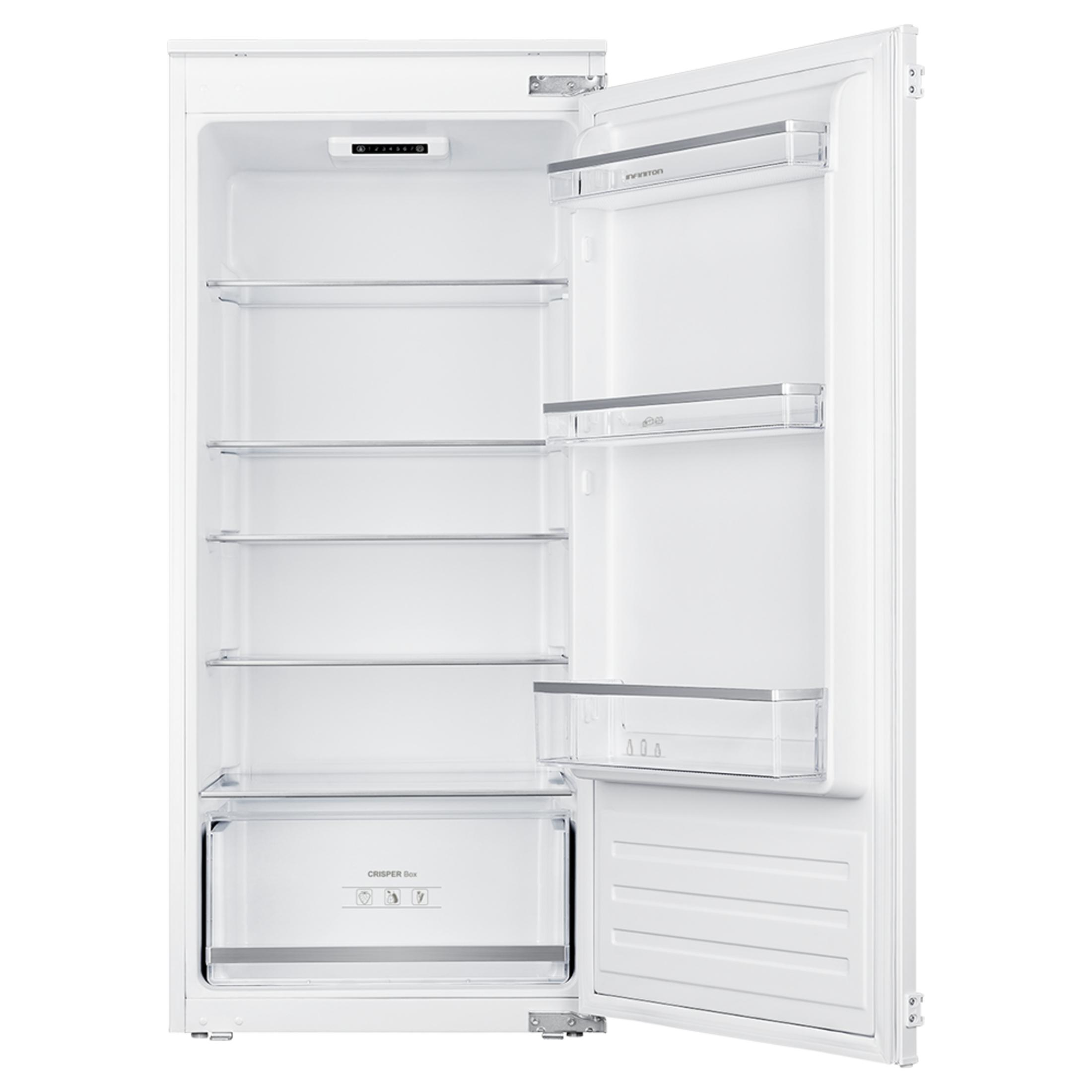 Refrigerador blanco con puerta abierta, vacío por dentro, mostrando estantes y cajón.