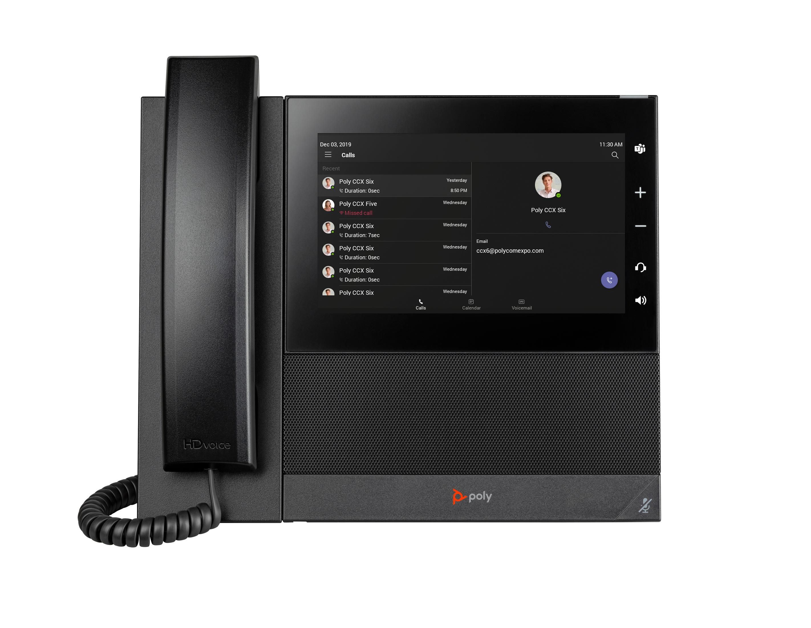 Ein schwarzes Poly CCX Telefon mit einem Touchscreen, der Anruflisten anzeigt.