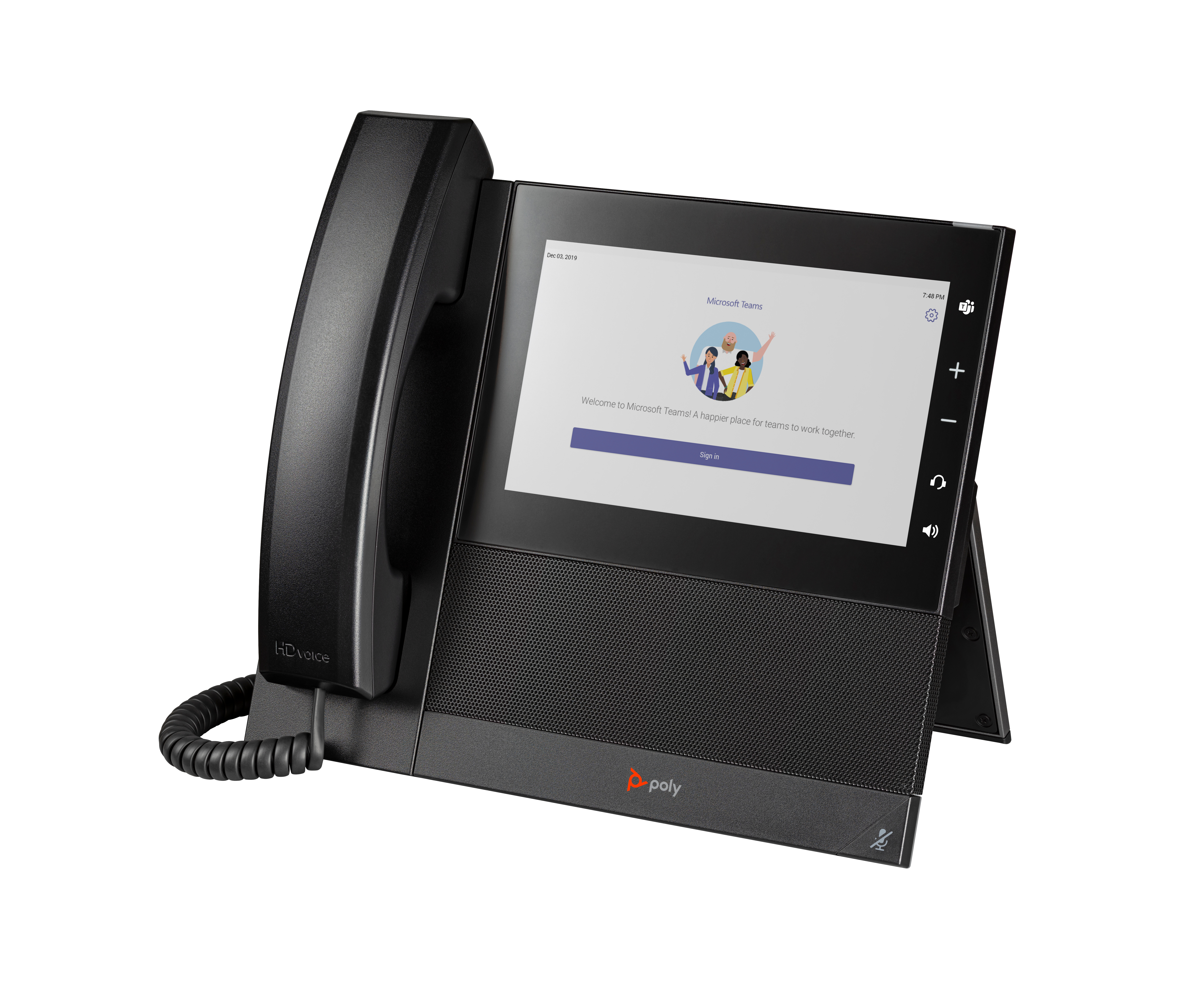 Schwarzes Tischtelefon mit Touchscreen, das Microsoft Teams anzeigt.