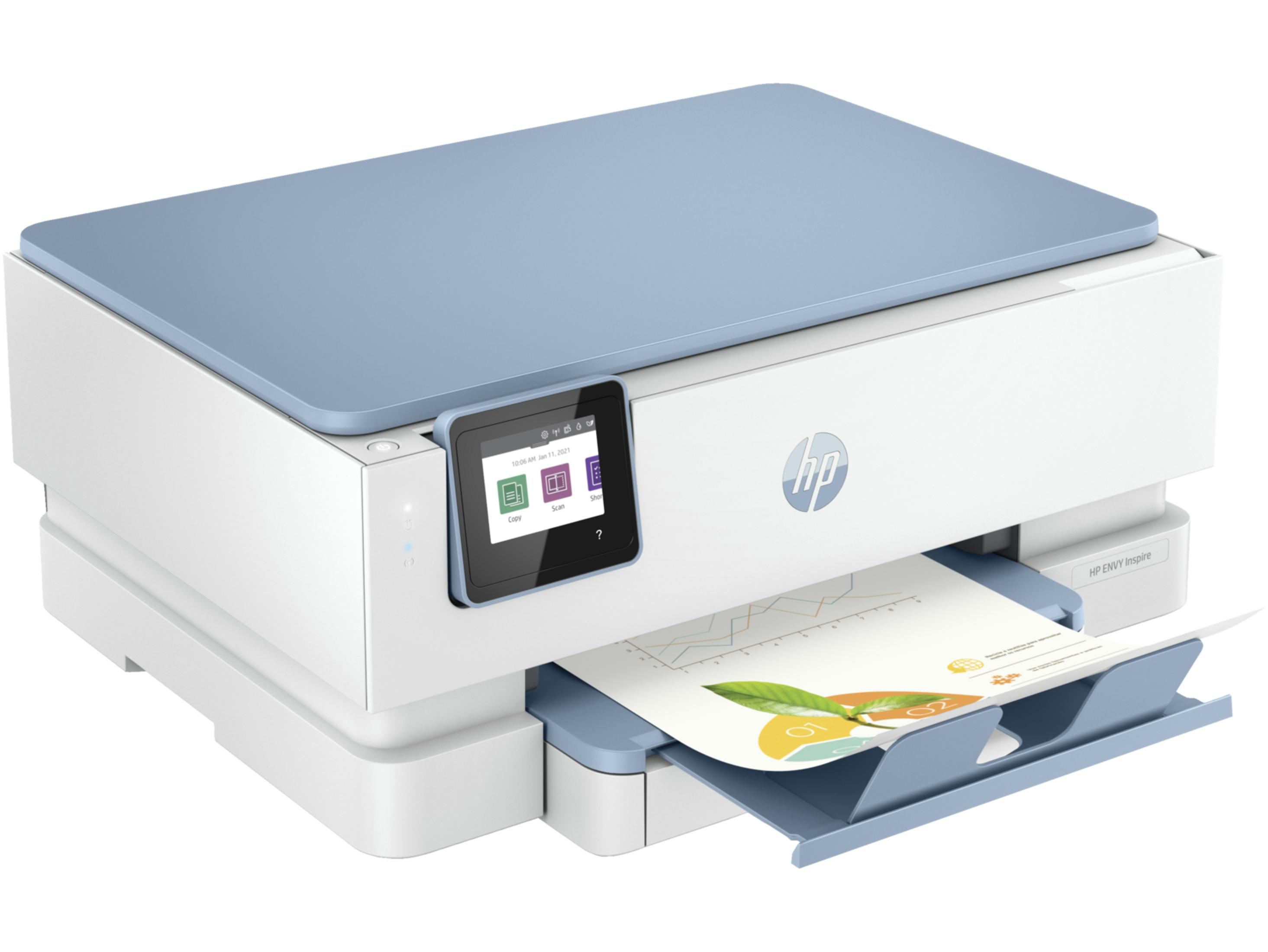 Een witte en blauwe HP printer met touchscreen en een vel papier.