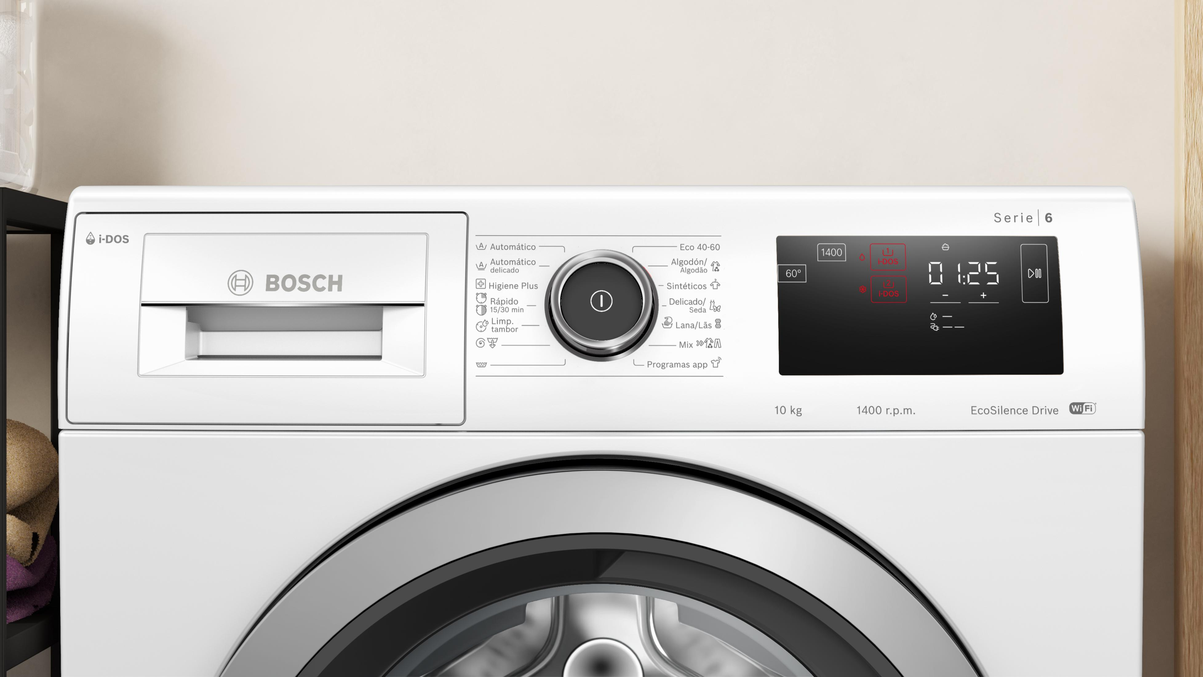Lavatrice bianca Bosch Serie 6 con display digitale, selezione programmi e capacità di 10 kg.