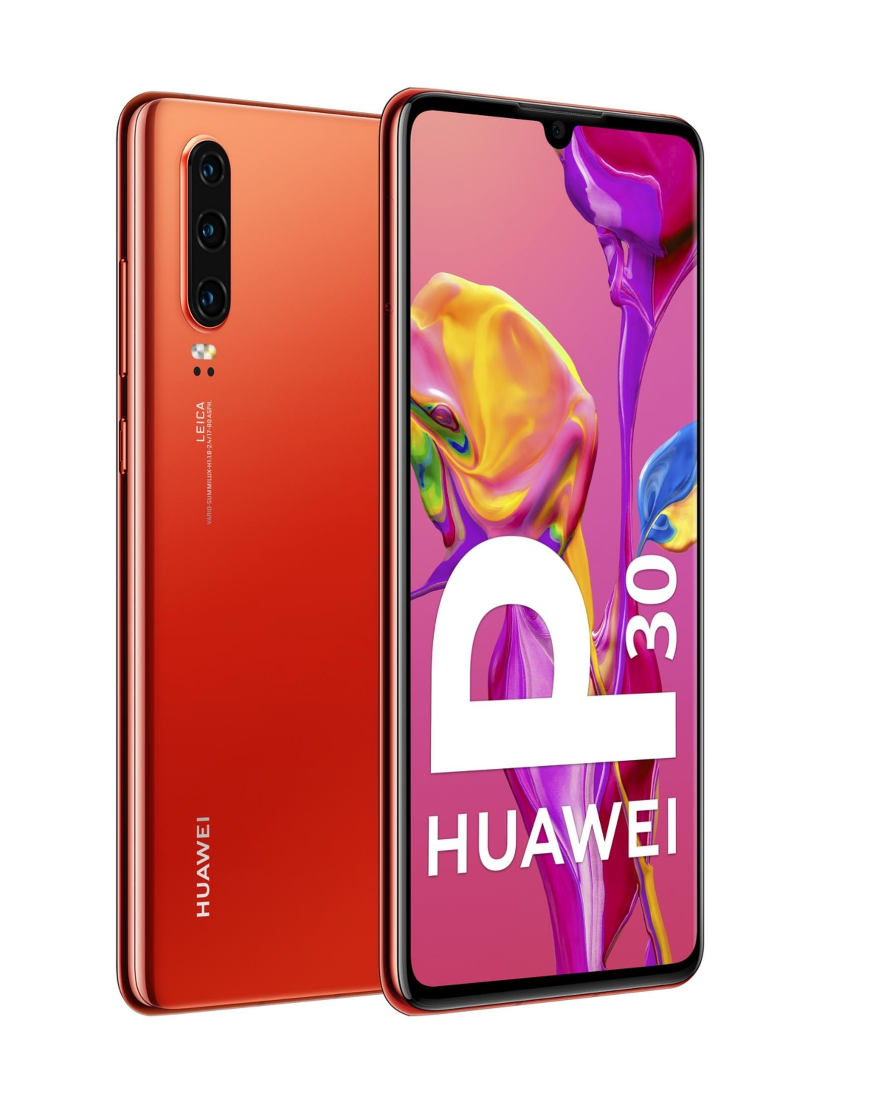 Ein rotes Huawei P30 Smartphone mit Leica-Kamera und farbigem Hintergrund.