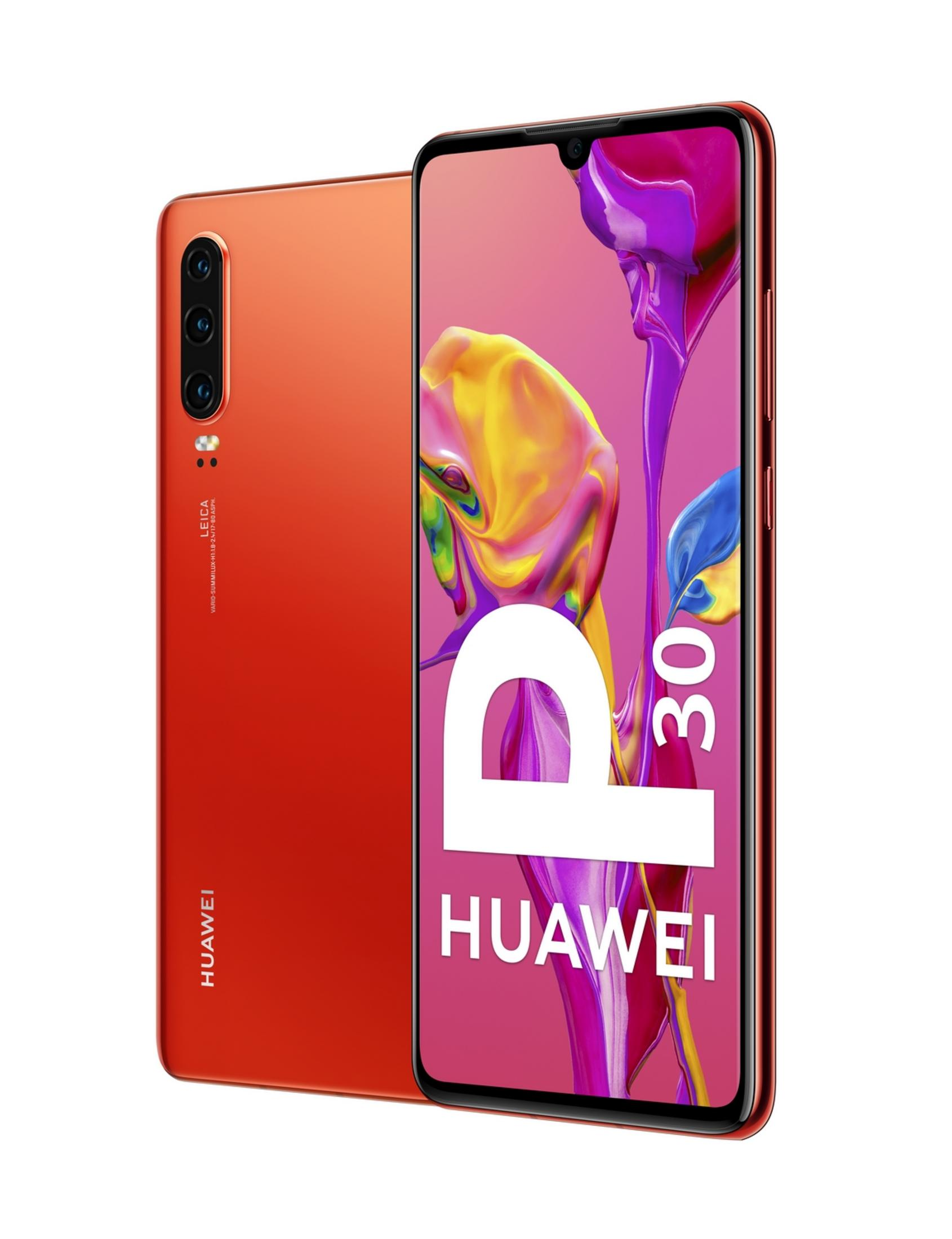 Orange Huawei P30 mit Leica-Kamera und auffälligem Display.