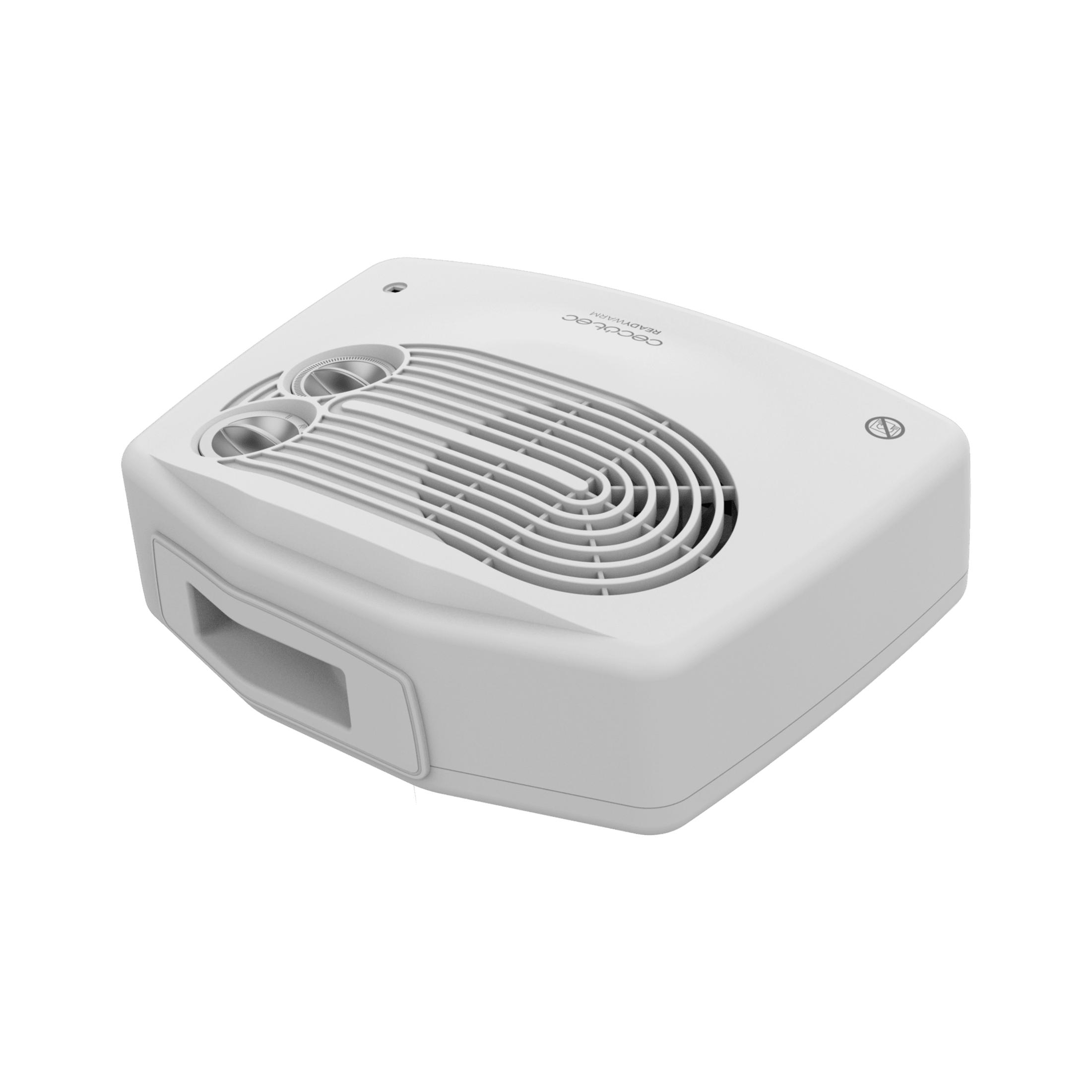 Ventilador blanco con rejilla de ventilación y asa.