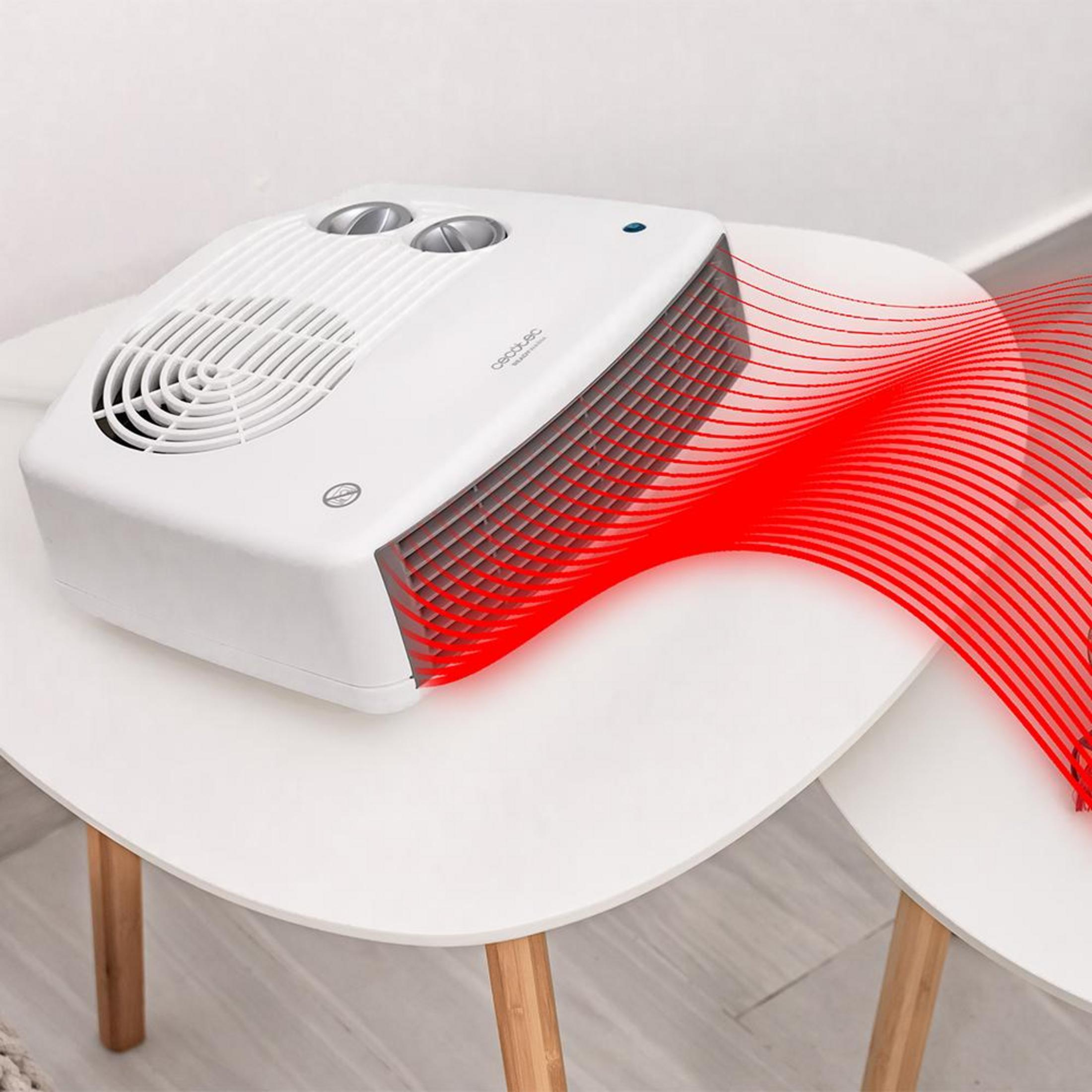 Un calefactor blanco con ondas de calor rojas sobre una mesa blanca.