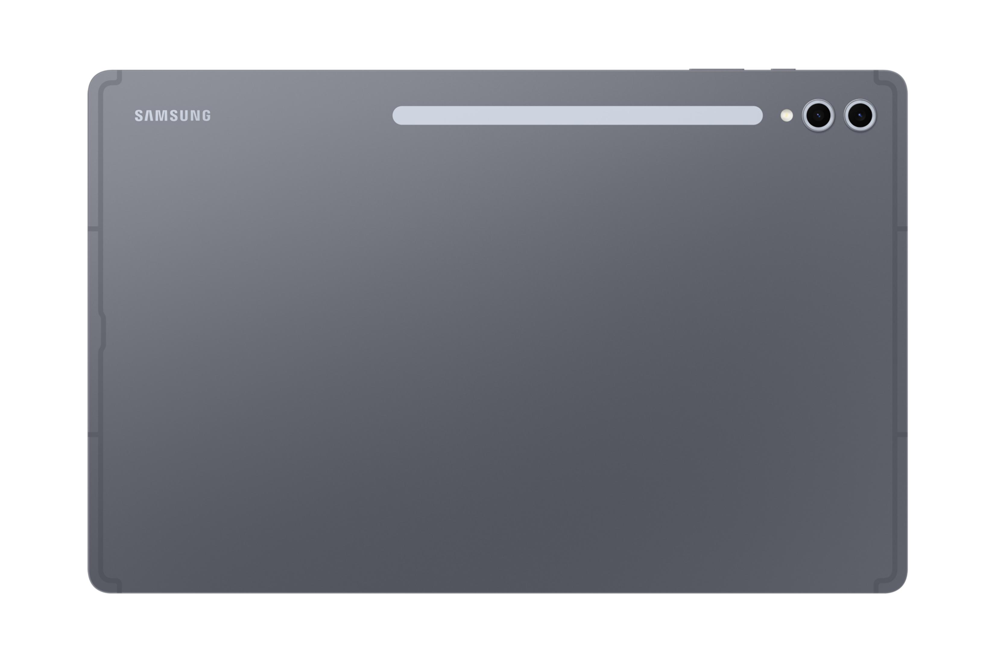 Rückseite eines grauen Samsung Tablets mit zwei Kameras und einem Lichtstreifen.