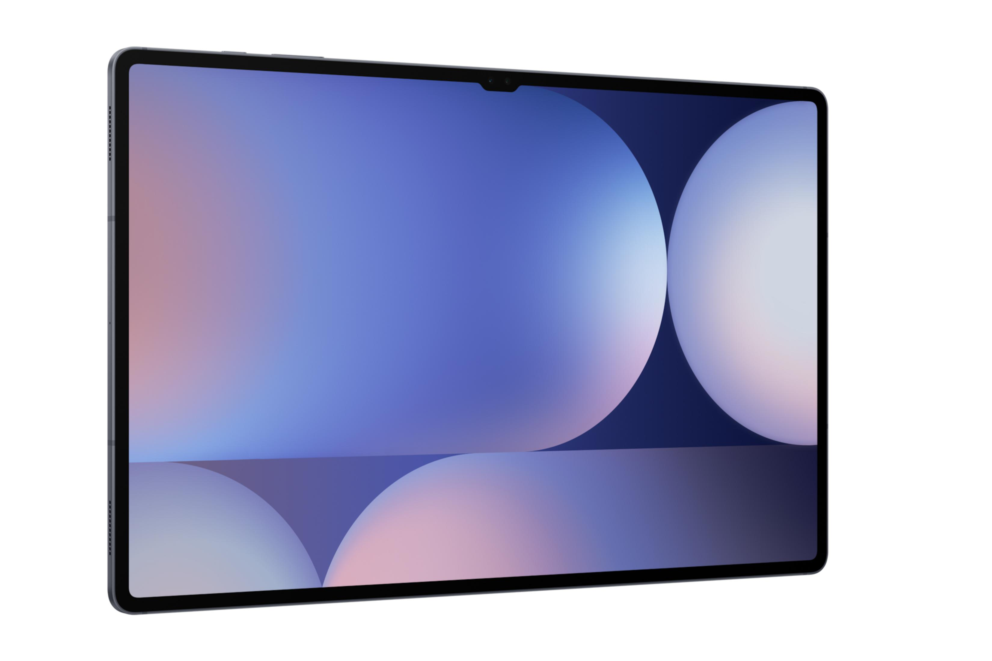 Ein dunkles Tablet mit einem blauen und rosa verlaufenden Hintergrund.