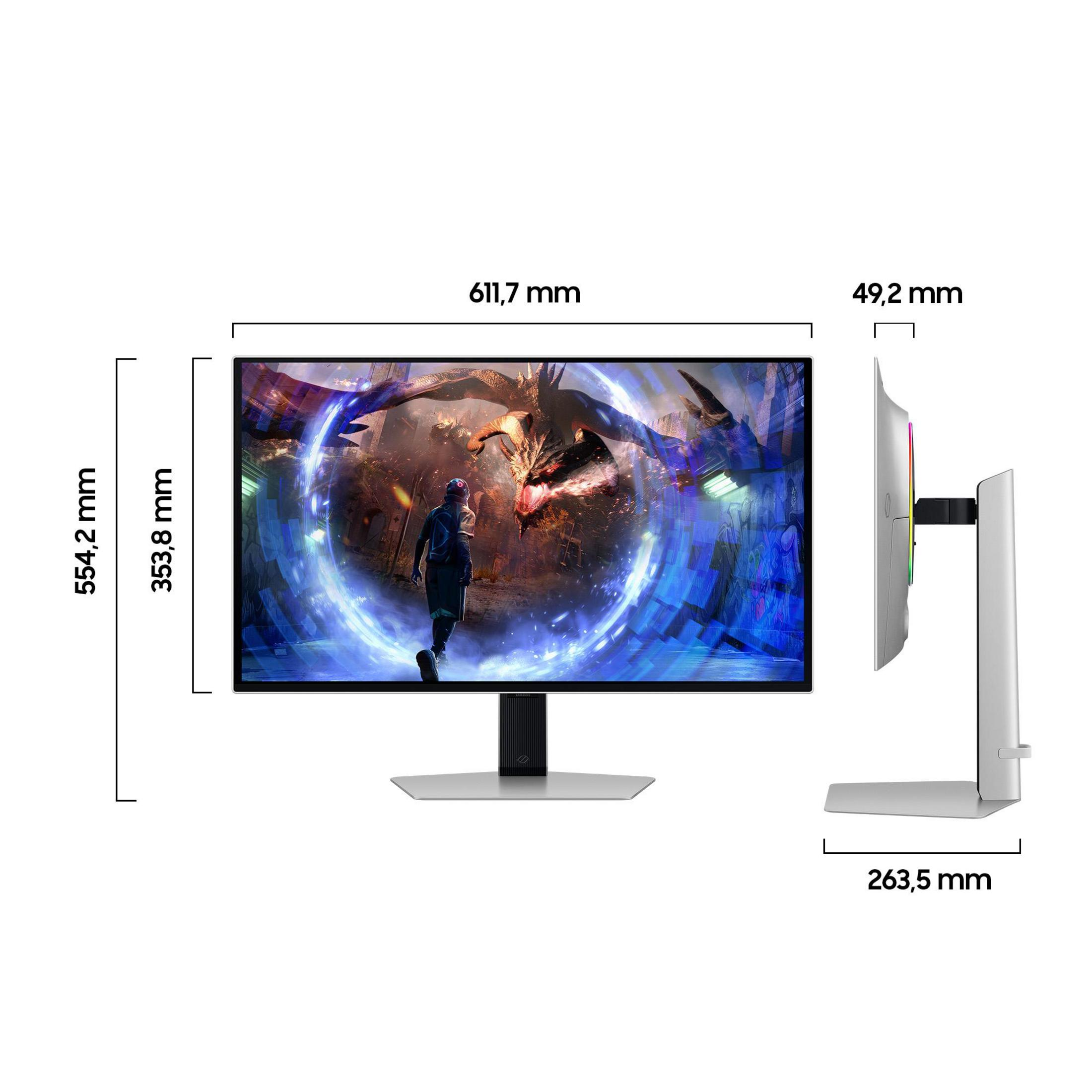 Ein Monitor zeigt ein Spiel mit einem Drachen und einem Krieger. Maße sind angegeben.