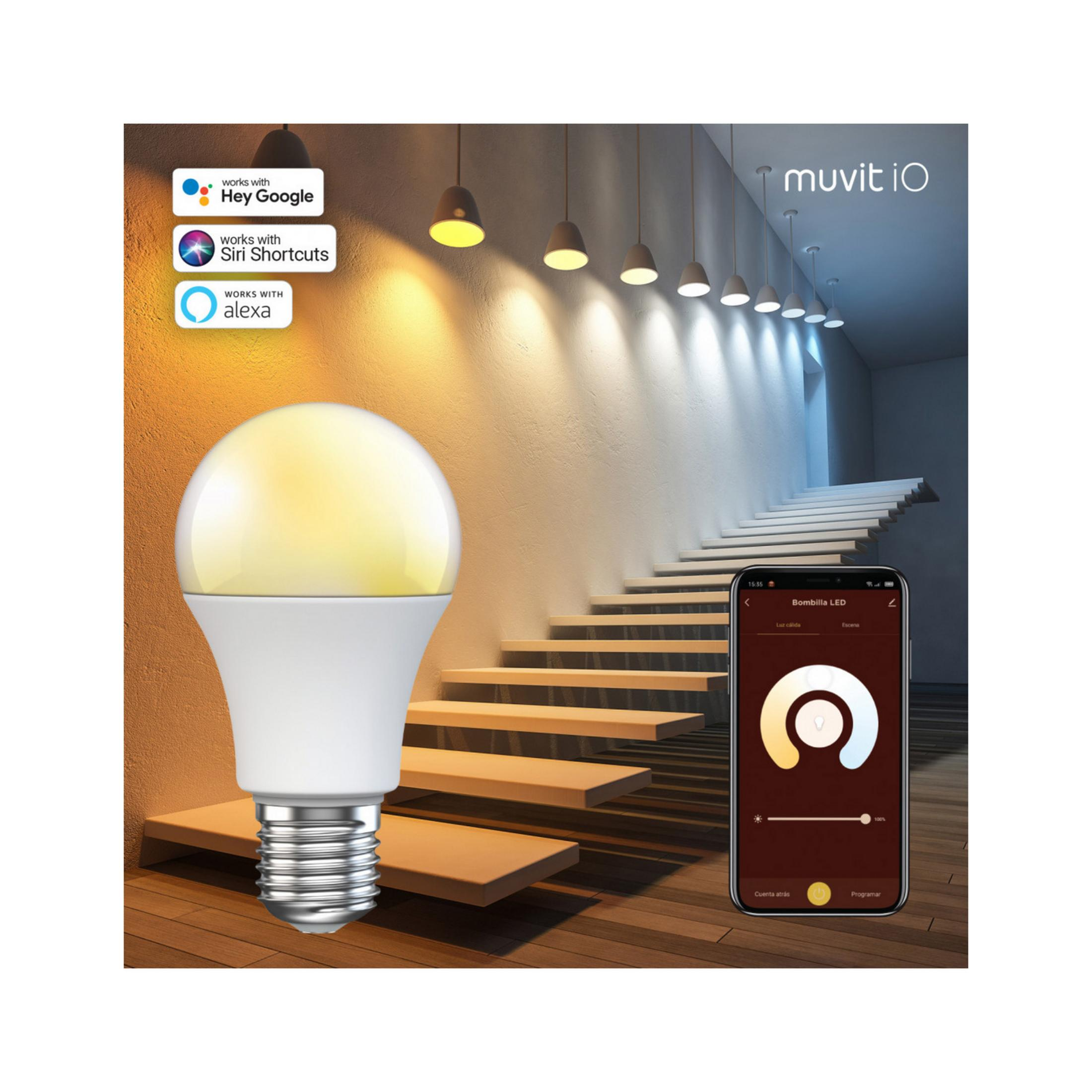 Eine Glühbirne mit Sprachassistent-Logos und einer App zur Steuerung des Lichts.