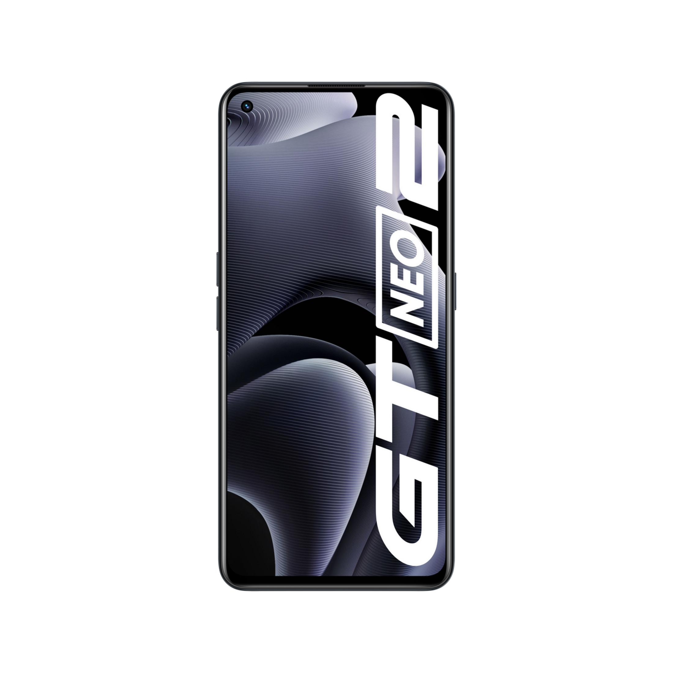 Ein schwarzes Smartphone mit dem Schriftzug "GT NEO 2" auf dem Display.