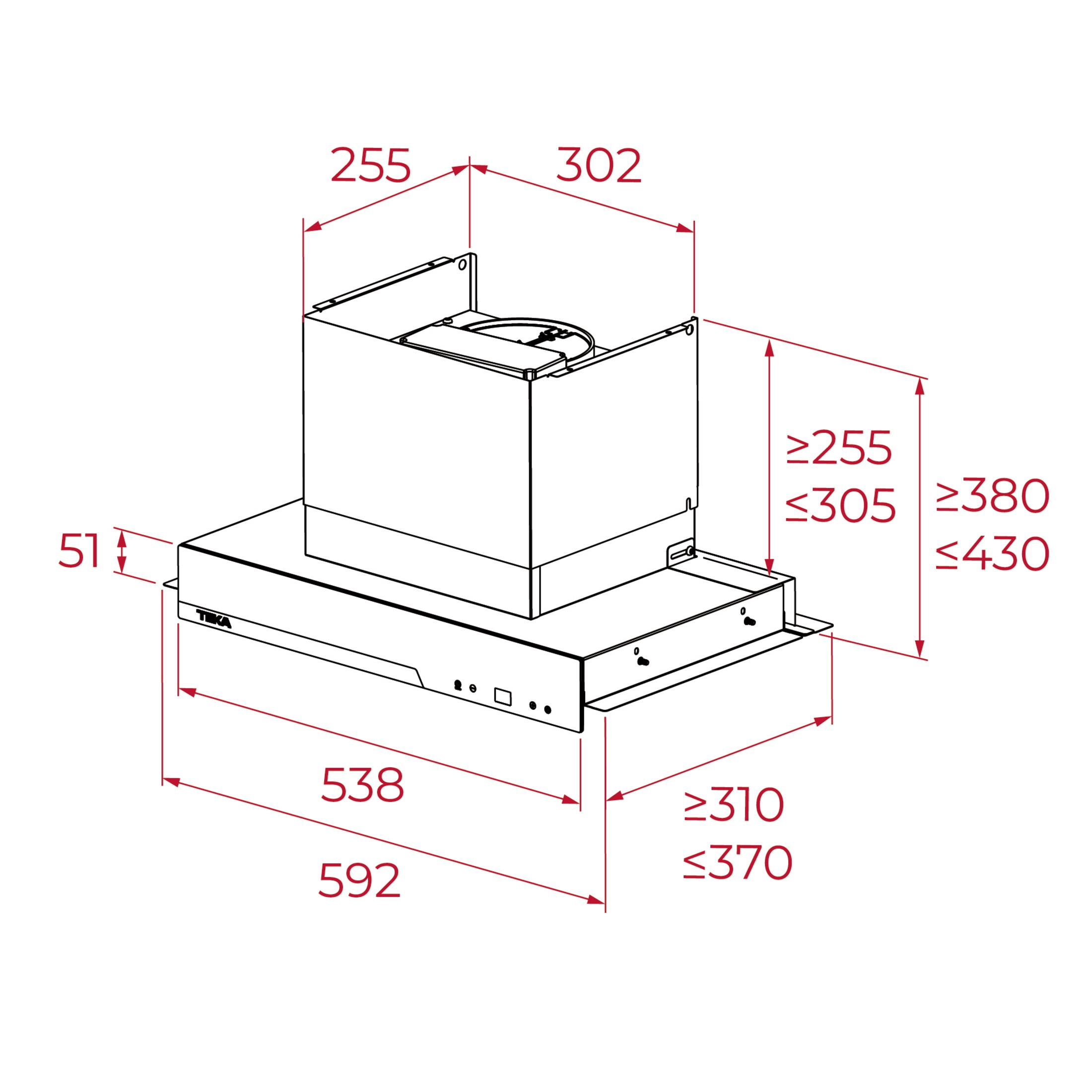 Dibujo técnico de una campana extractora con dimensiones.
