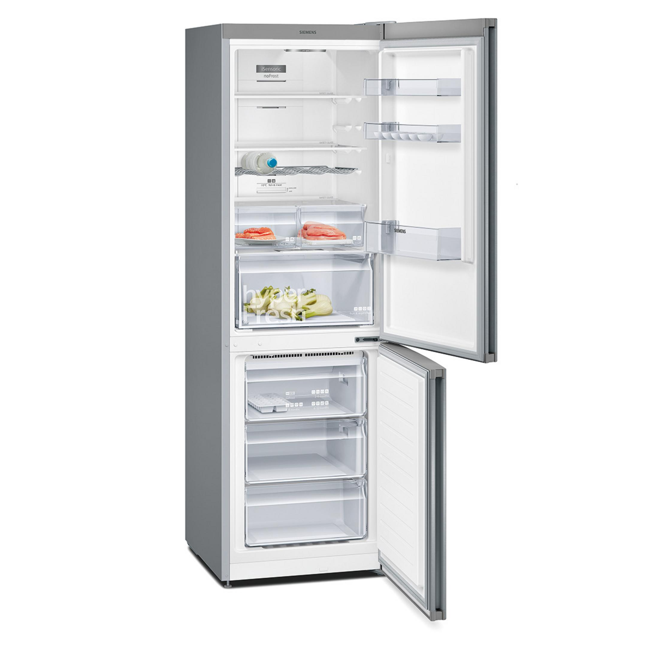 Un refrigerador Siemens plateado con las puertas abiertas, mostrando alimentos.