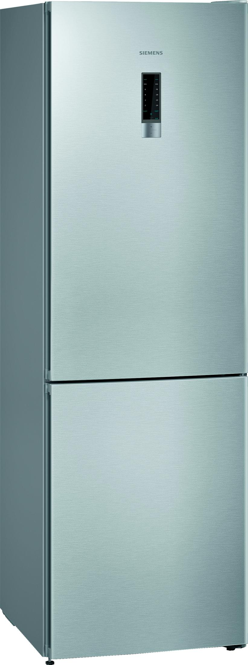 Un refrigerador plateado Siemens con pantalla digital arriba.