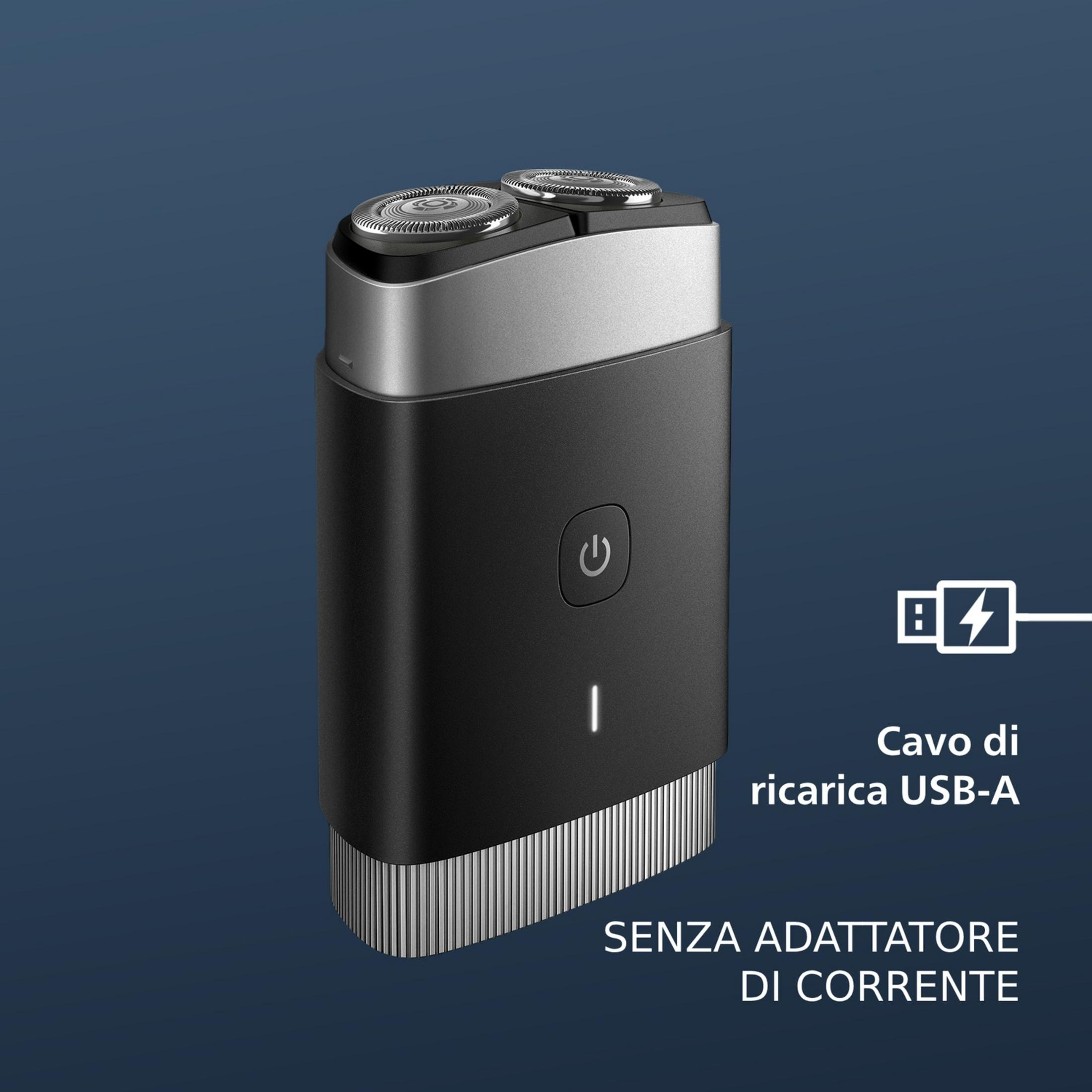 Afeitadora eléctrica negra con dos cabezales y puerto de carga USB.