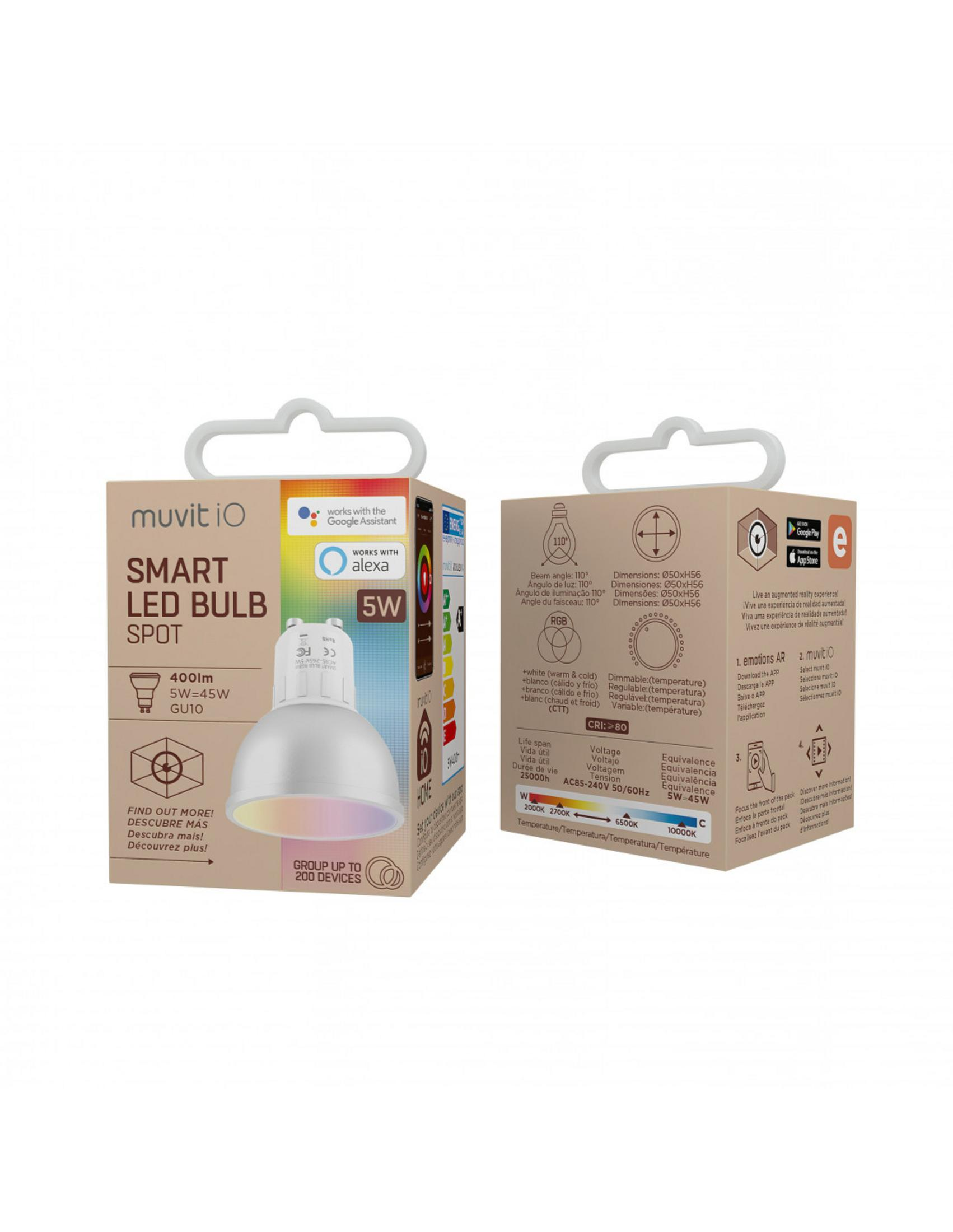 Lampadina LED Spot Muvit iO Smart, compatibile con Alexa e Google Assistant.