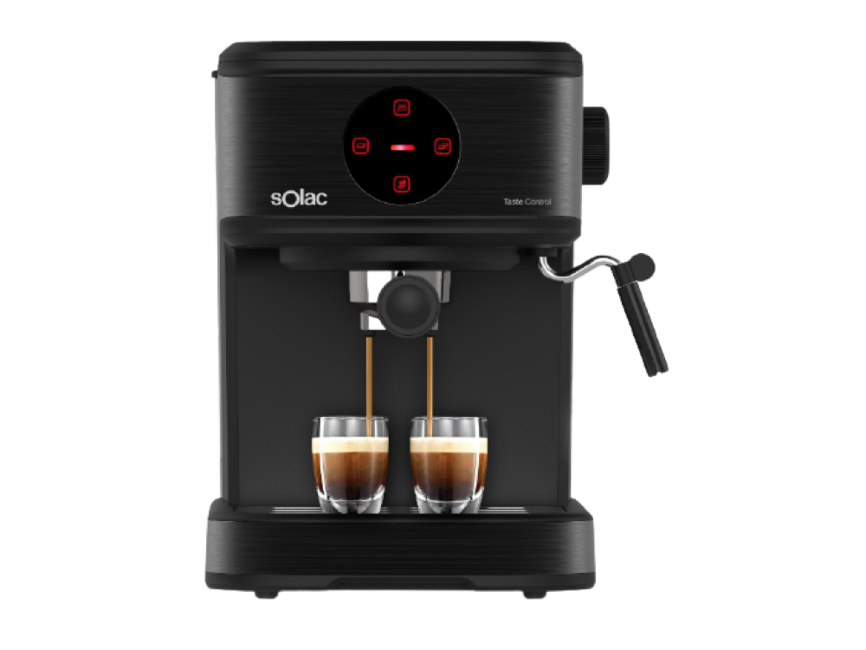 Una macchina da caffè nera con due bicchieri da espresso riempiti di caffè.