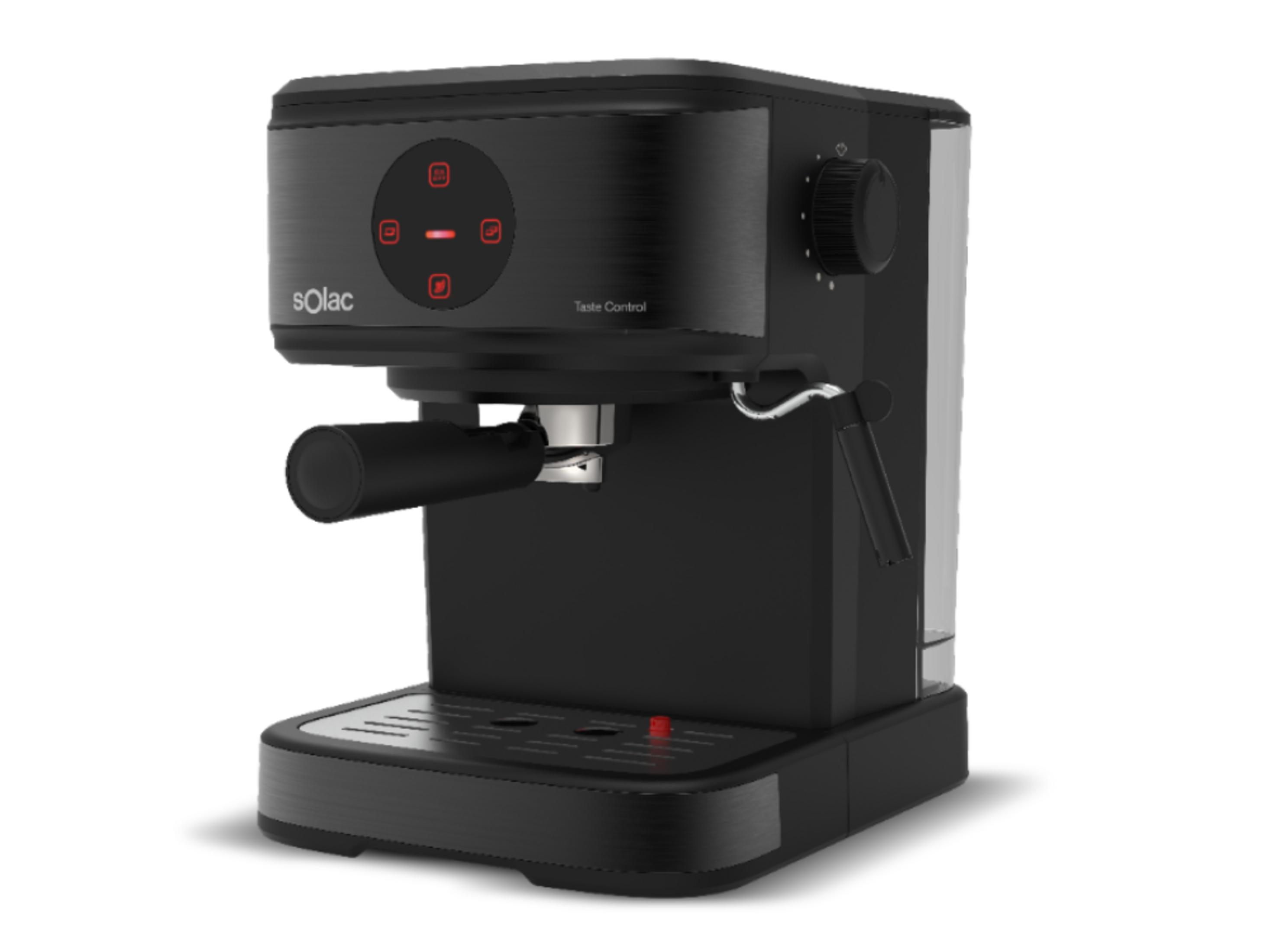Una macchina per espresso nera con accenti argentati e pannello di controllo.