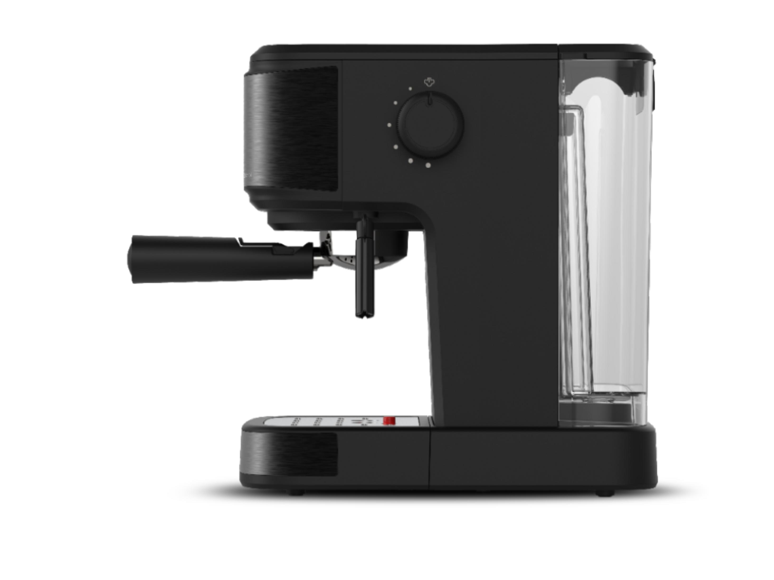 Macchina da caffè nera con manopola rotante e serbatoio dell'acqua.