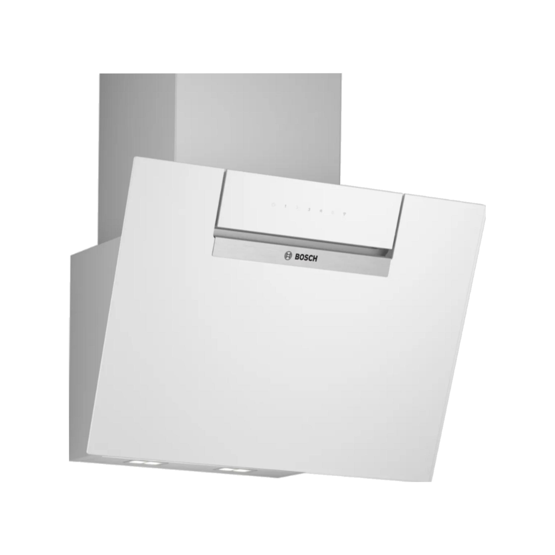 Una campana extractora blanca Bosch con controles táctiles y luces.