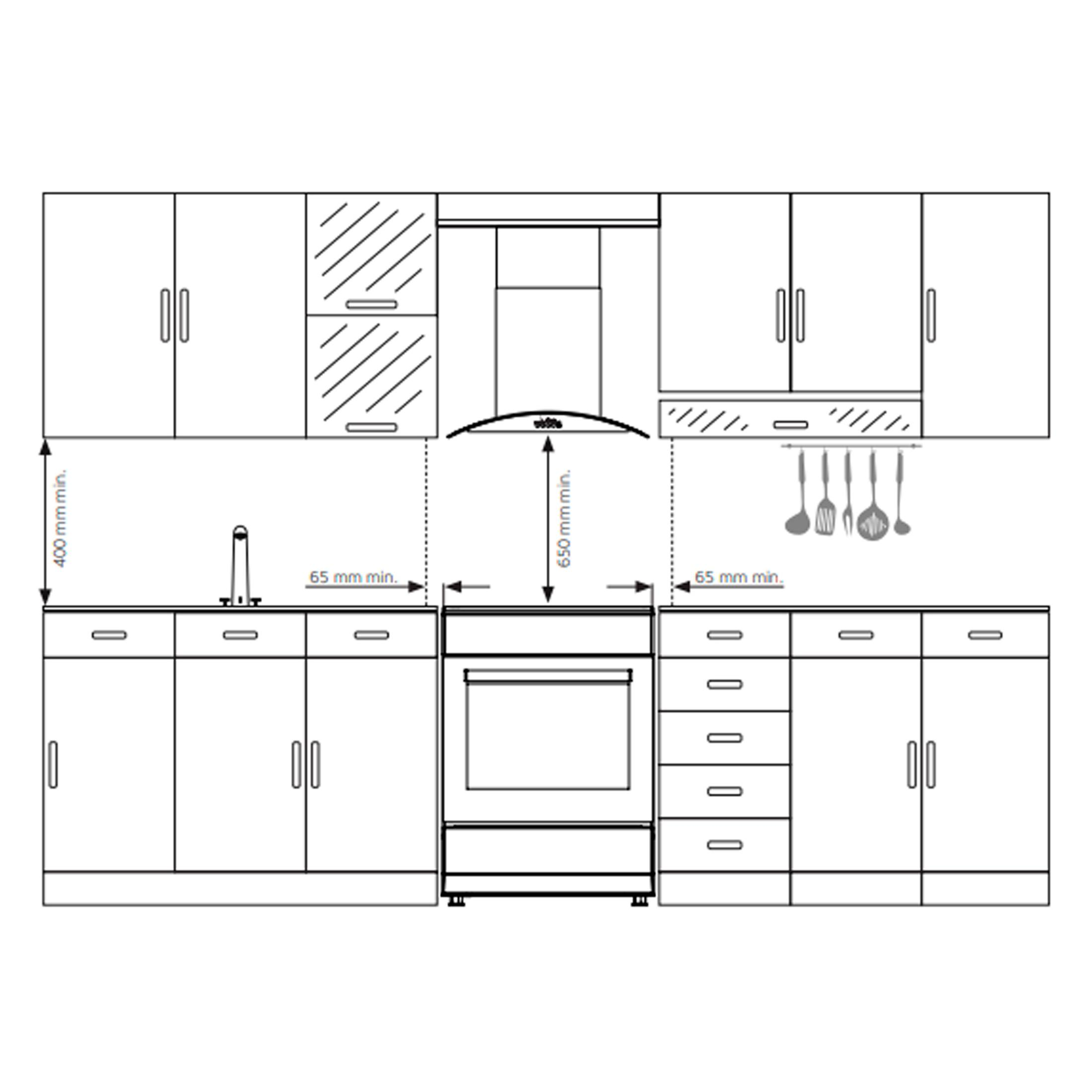 Mueble de cocina con armarios altos y bajos, cocina, fregadero y campana.