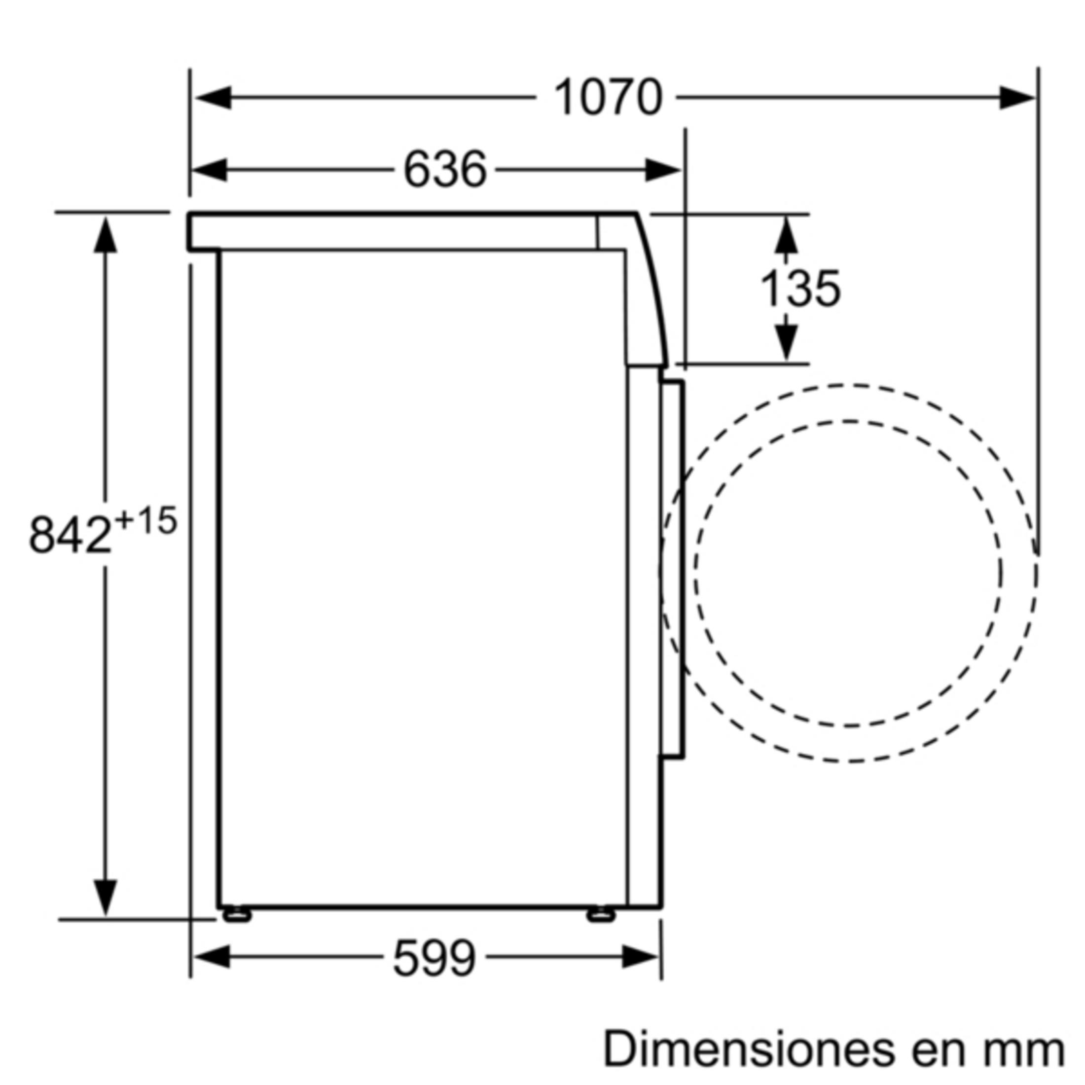Dibujo técnico de una lavadora con dimensiones en mm.