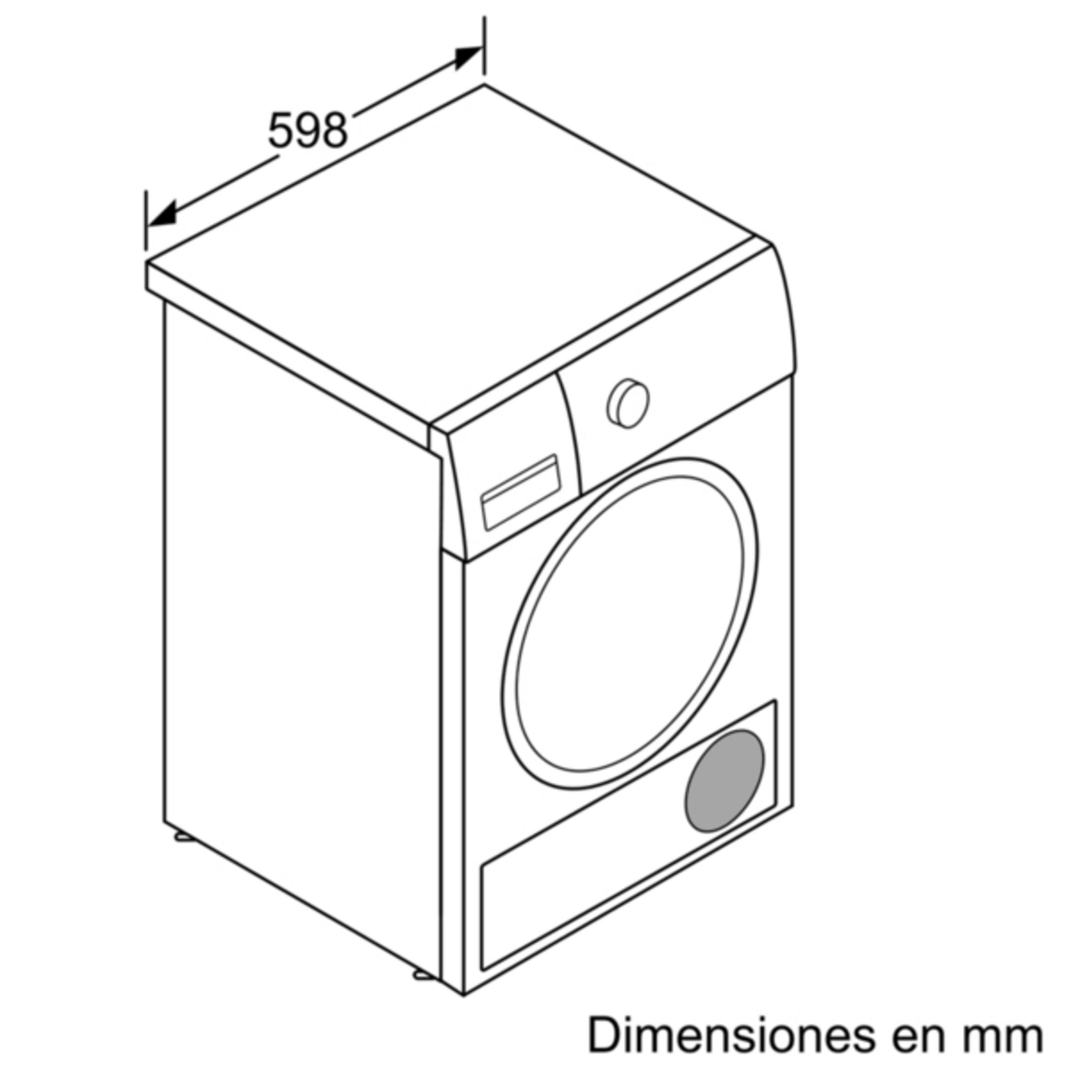 Dibujo técnico de una secadora con dimensiones de 598 mm.