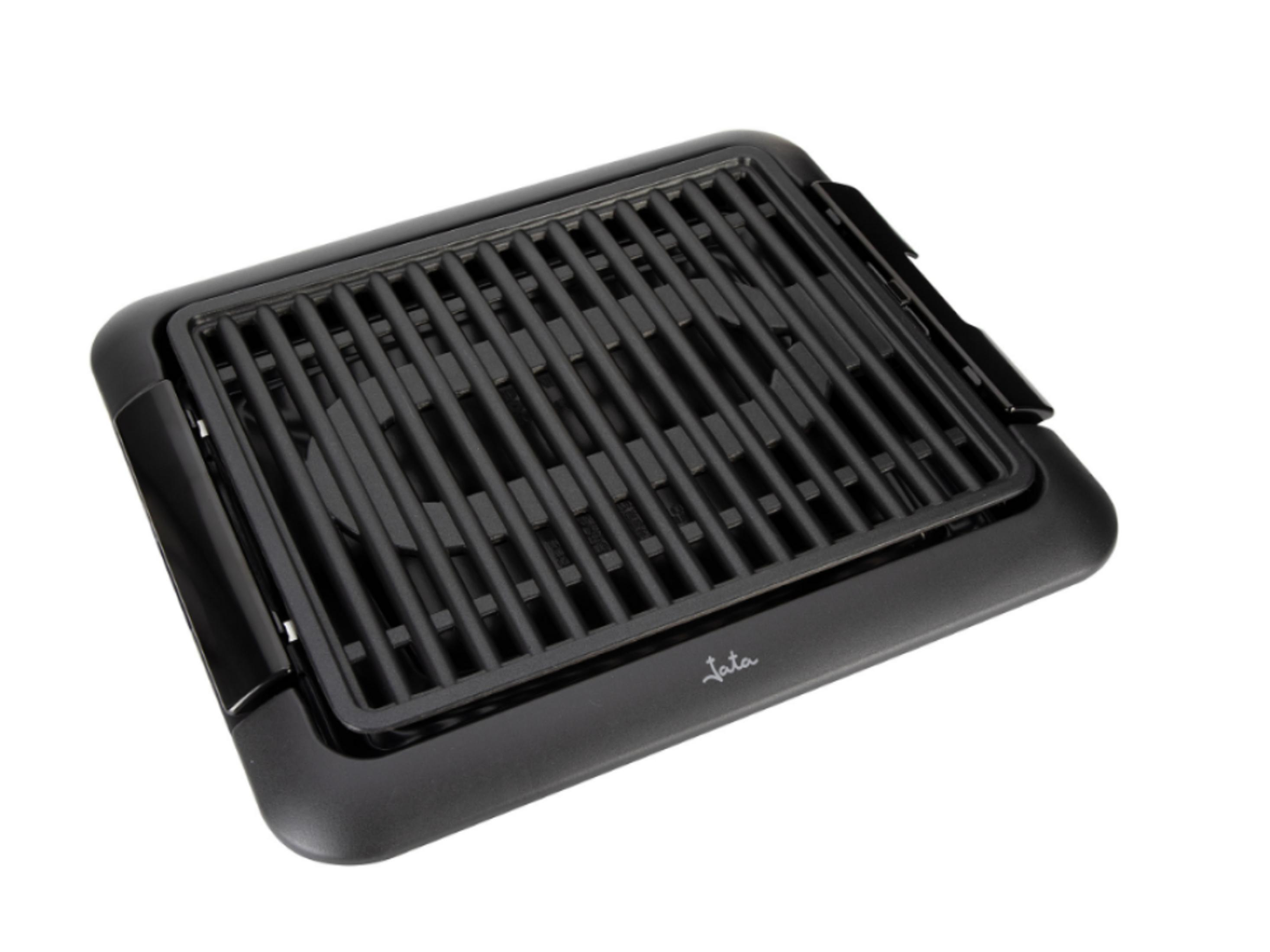 Una plancha eléctrica negra con ranuras sobre fondo blanco.