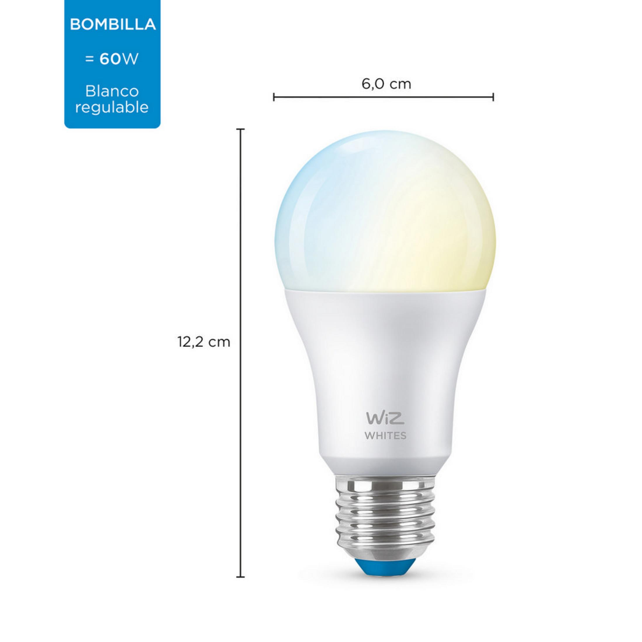 Bombilla LED blanca con base azul. Dimensiones: 12,2 cm alto, 6,0 cm ancho.