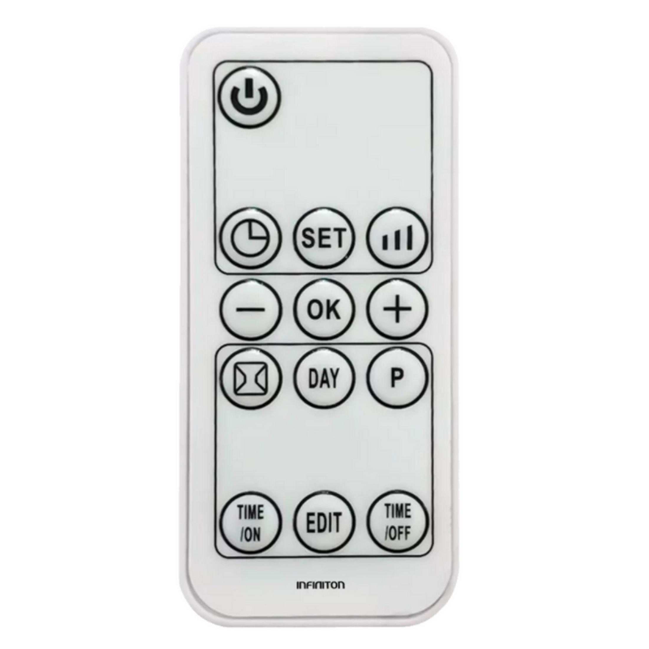 Un control remoto blanco con botones y símbolos negros.