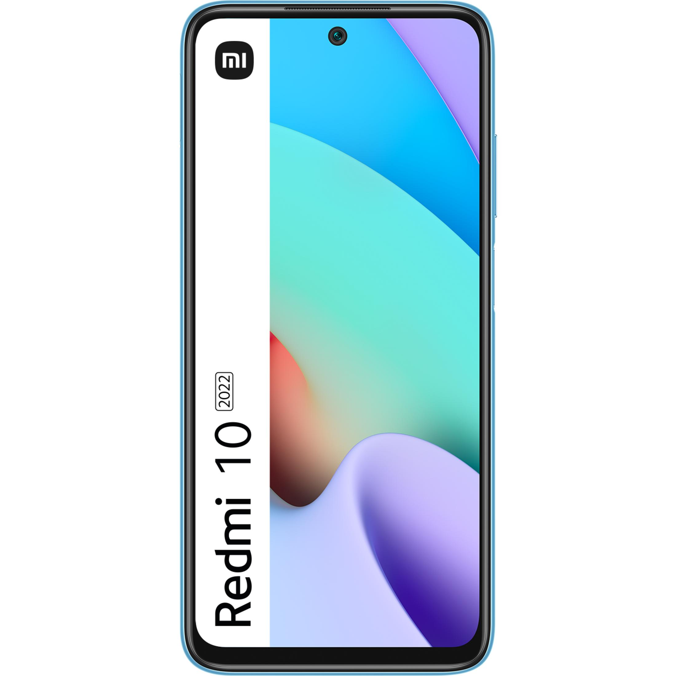 Ein blaues Xiaomi Redmi 10 Smartphone mit einem bunten Bildschirmhintergrund.