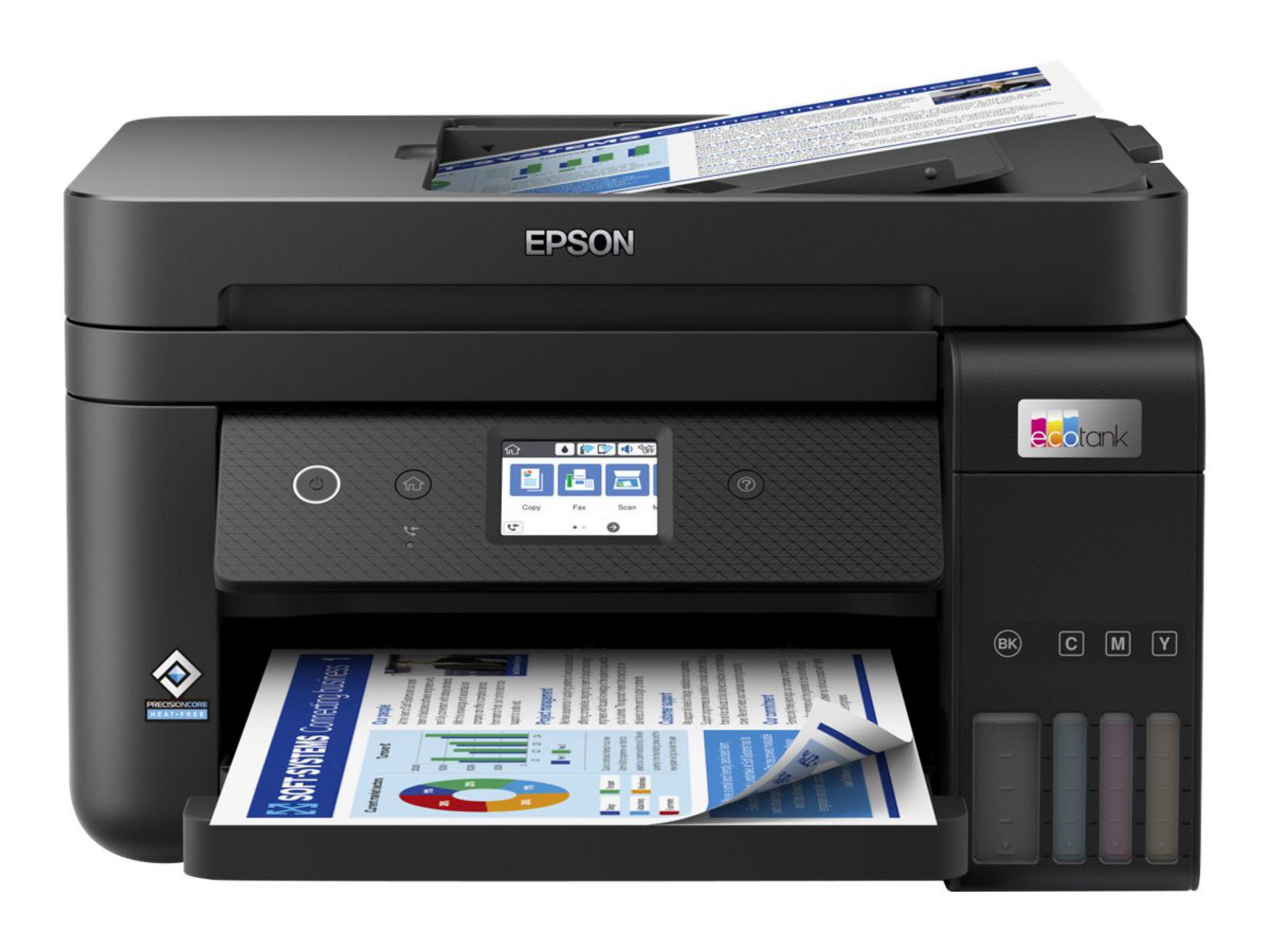 Ein schwarzer Epson EcoTank Drucker mit gedruckten Dokumenten.