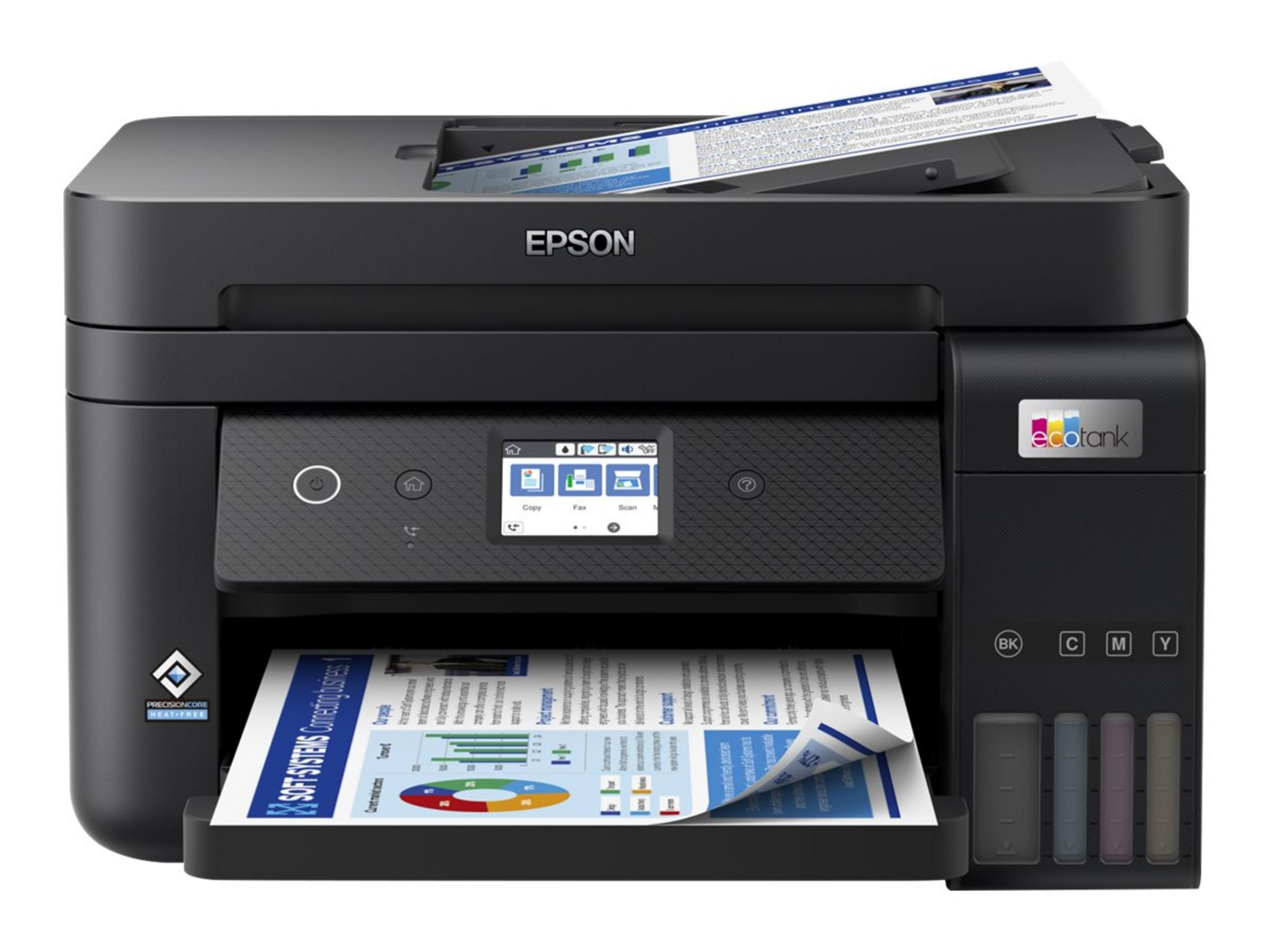 Ein schwarzer Epson EcoTank Drucker mit Papier im Einzug und Fach.