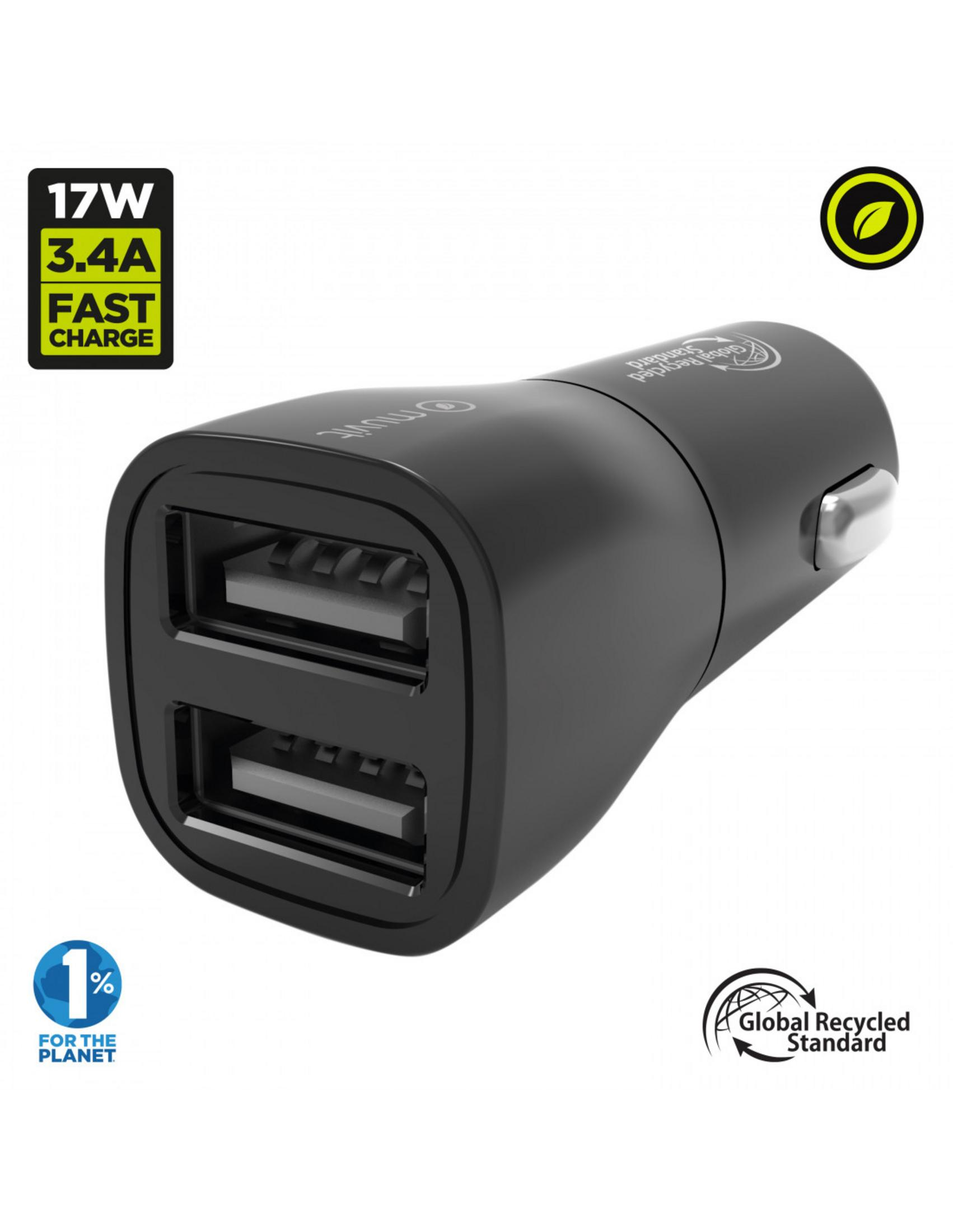 Cargador de coche USB dual negro, carga rápida 17W/3,4A, con certificaciones ecológicas.