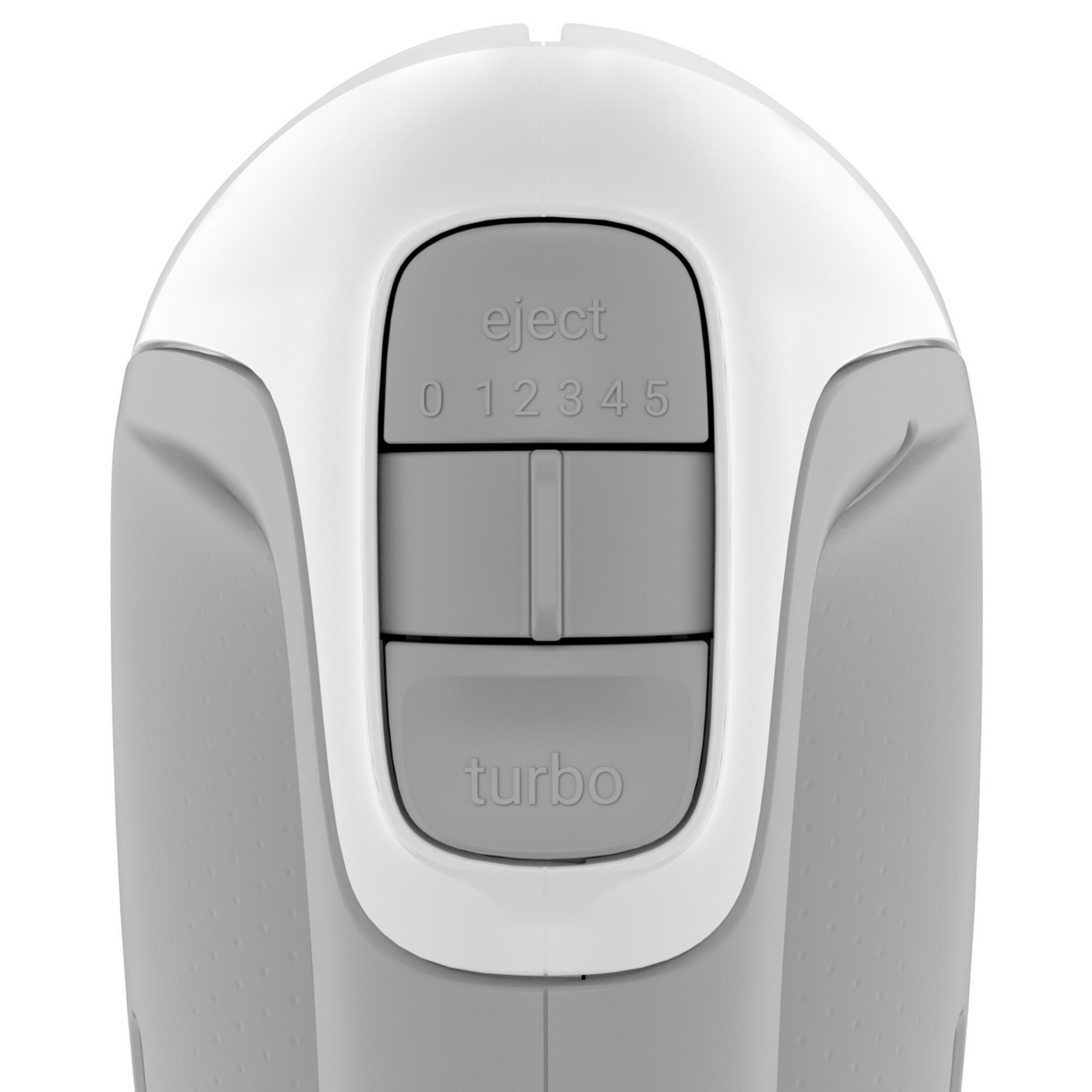 Nahaufnahme eines Handmixers mit grauen Tasten für "Eject", Geschwindigkeiten 0-5 und "Turbo".