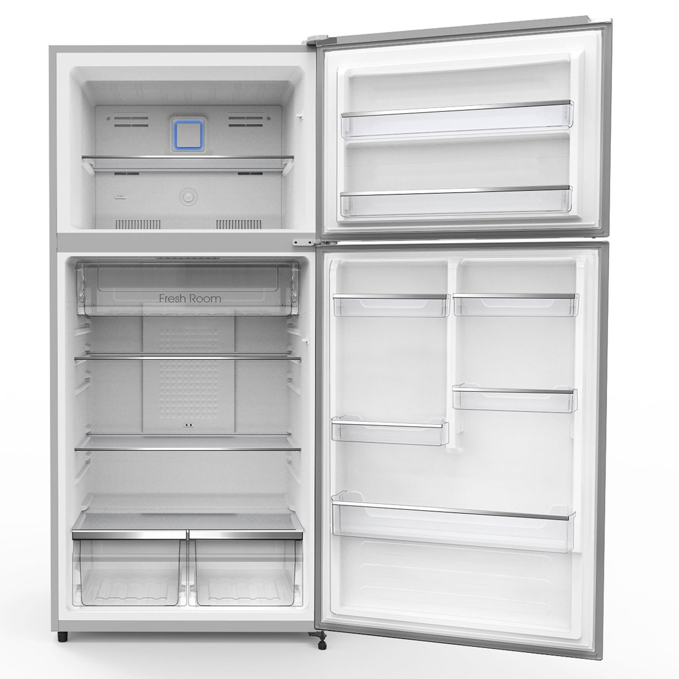 Refrigerador plateado abierto con estantes y cajones vacíos. Congelador arriba, refrigerador abajo.