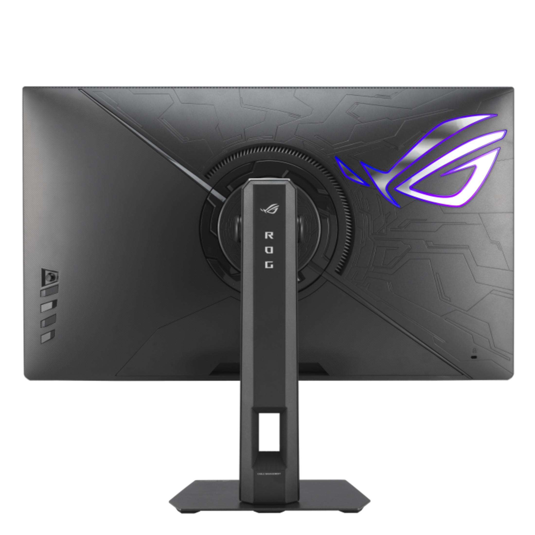 Parte trasera de un monitor gaming negro con logo ROG brillante y soporte.
