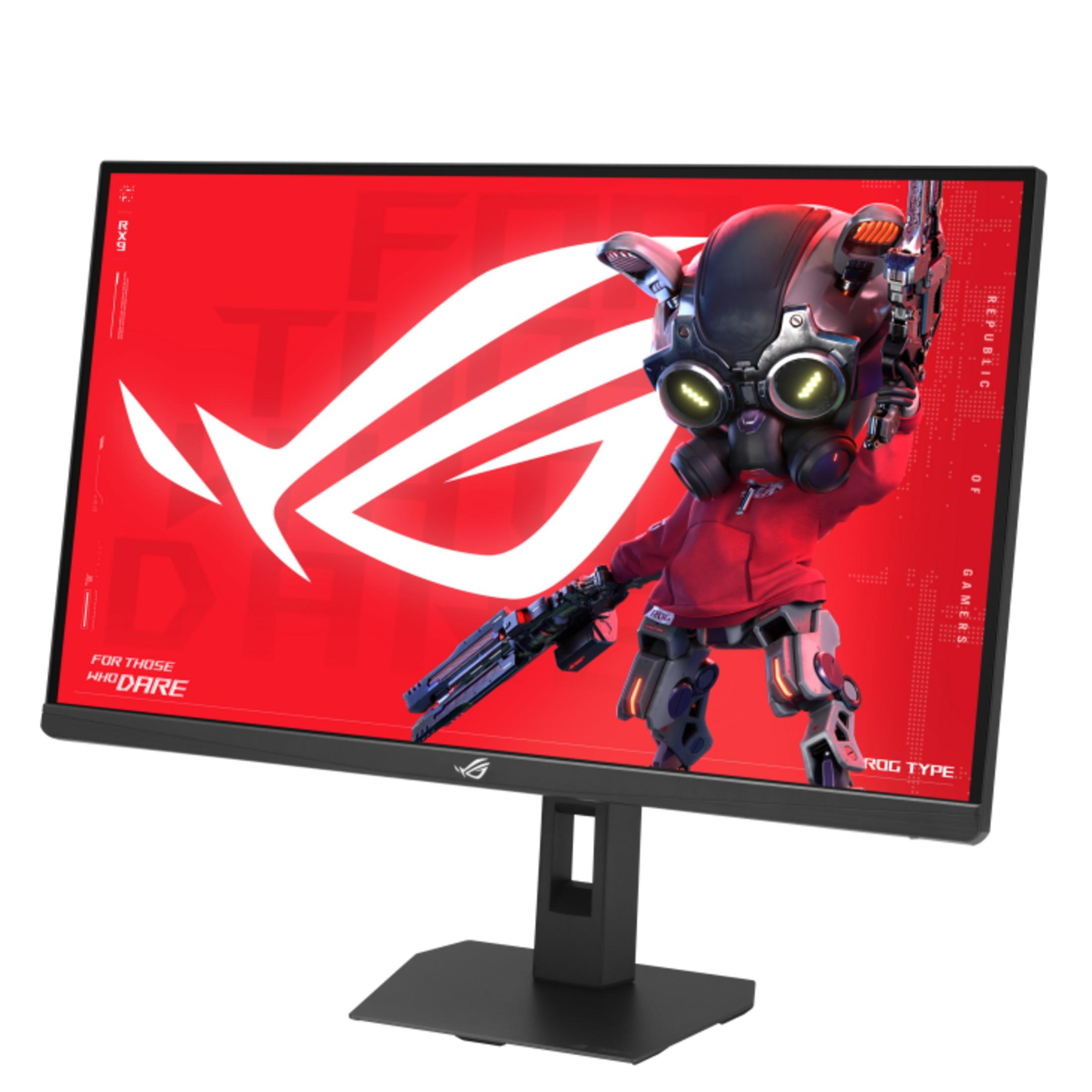 Monitor gaming ROG con personaje cyborg y rifle sobre fondo rojo.