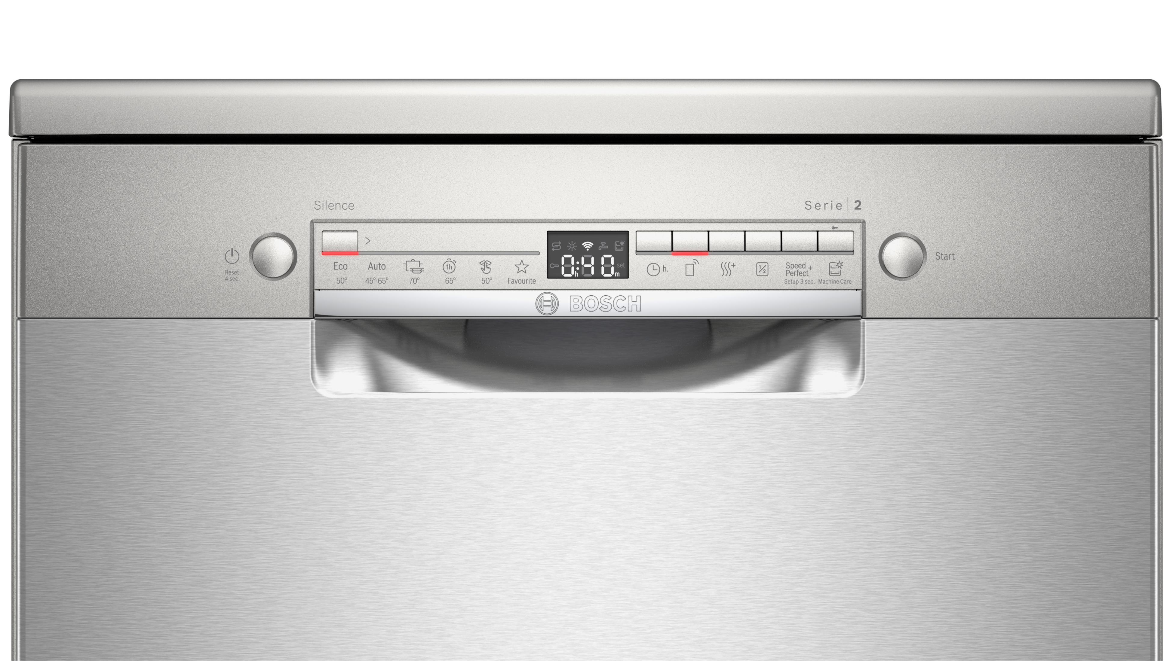 Lavastoviglie argentata con display digitale e pannello di controllo. Programmi: Eco, Auto, 70°, 65°, 50°, Preferito.