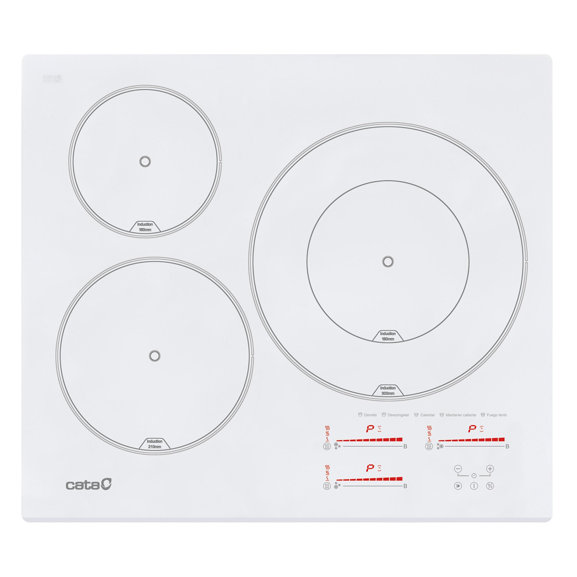 Una placa de inducción blanca con tres zonas de cocción y panel de control.