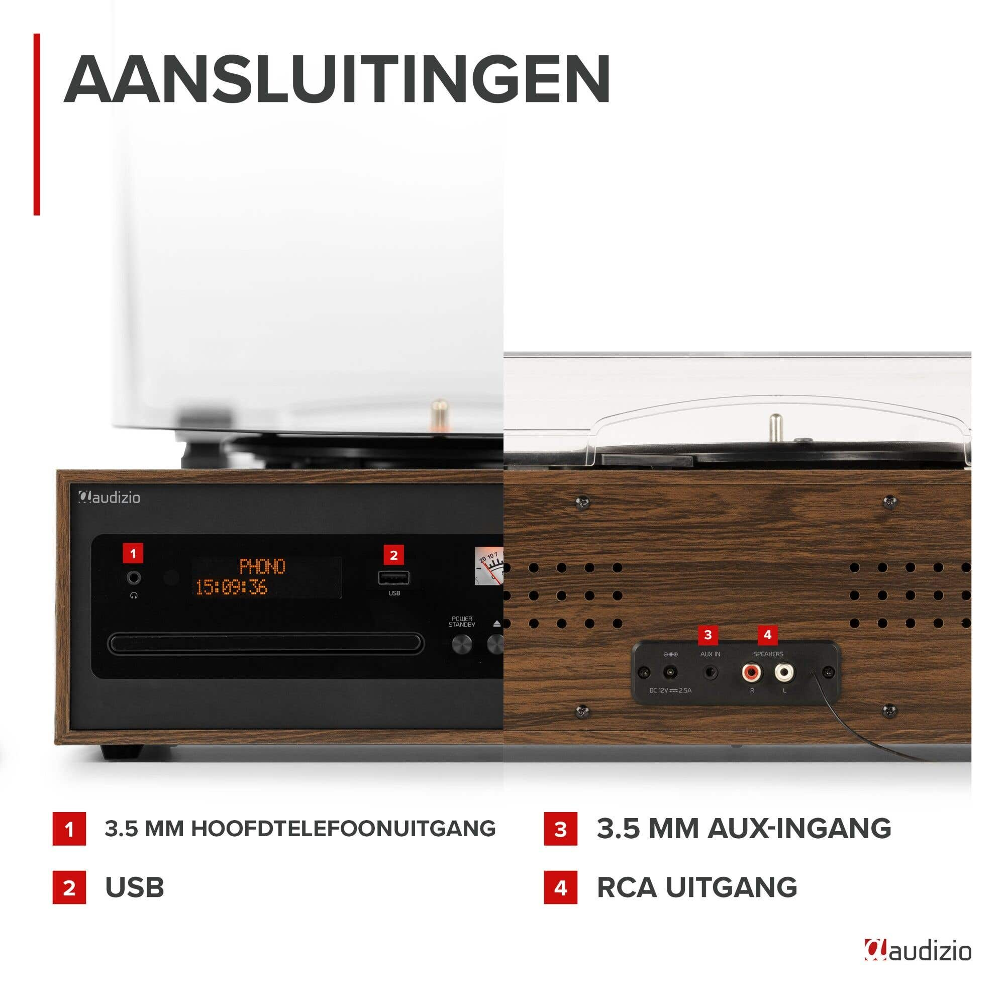 Dispositivo con conexiones: auriculares, USB, Aux-In, altavoces.