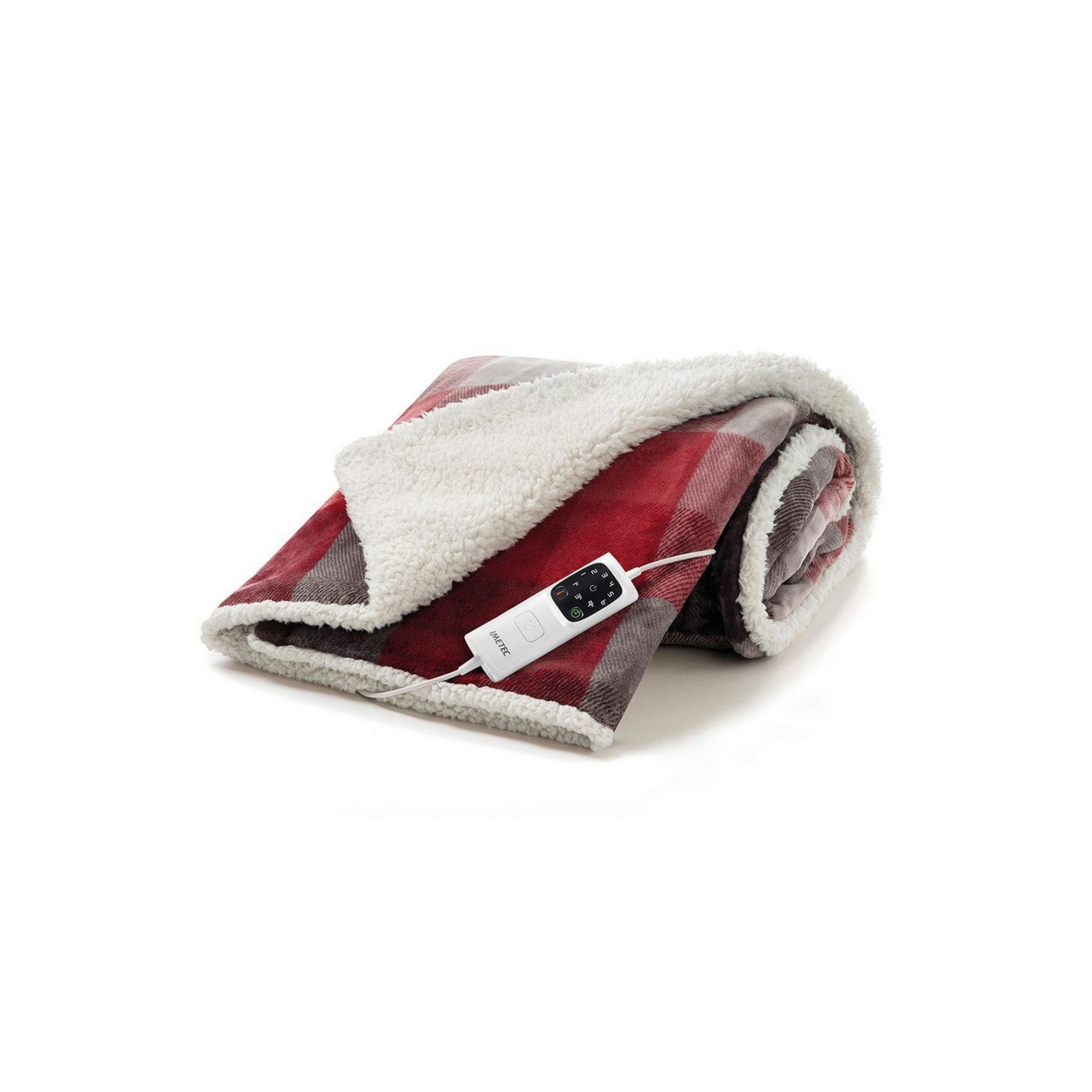 Una coperta elettrica a quadri rossa, grigia e bianca con bordo sherpa bianco e controller.
