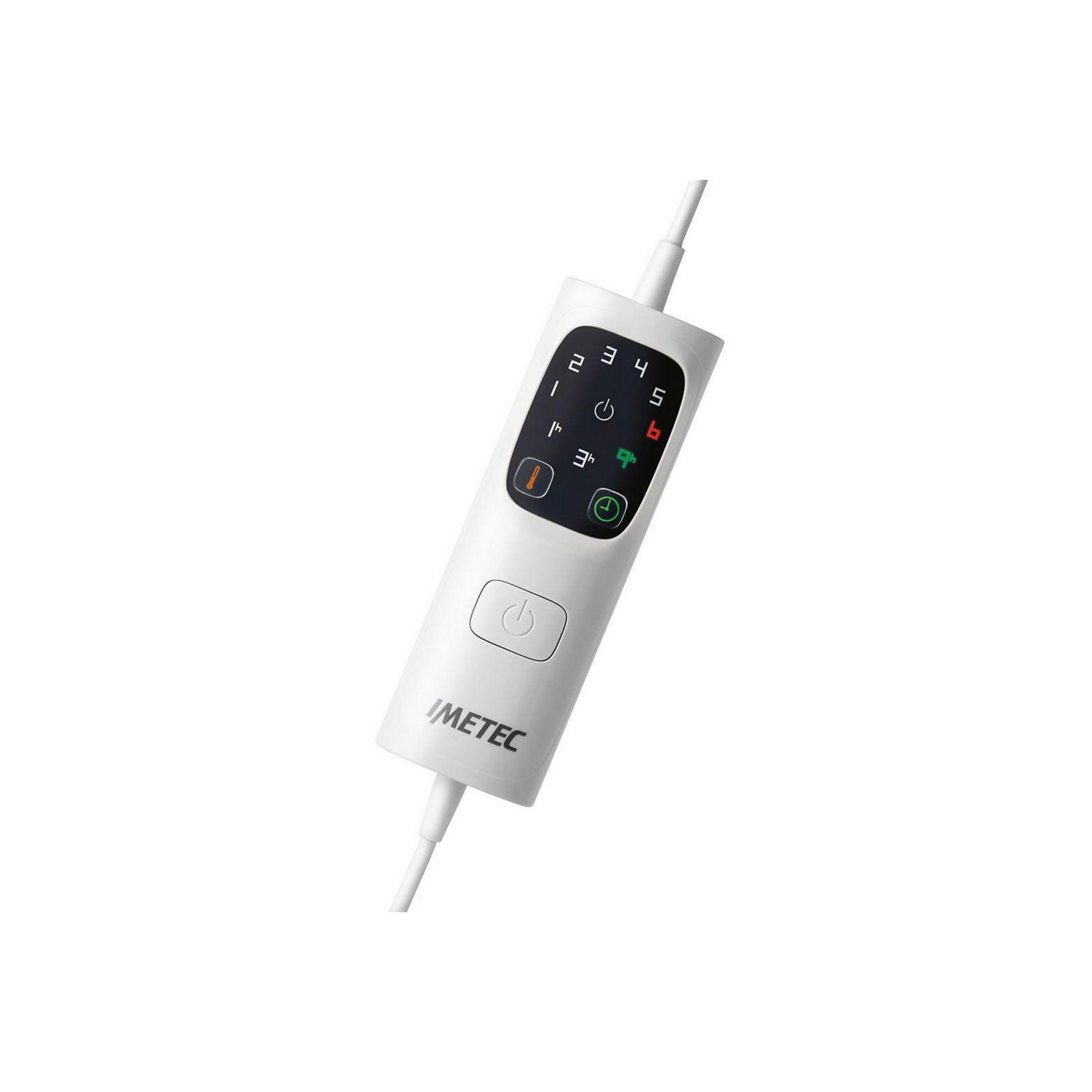 Un controller elettrico bianco con pulsanti e display digitale.