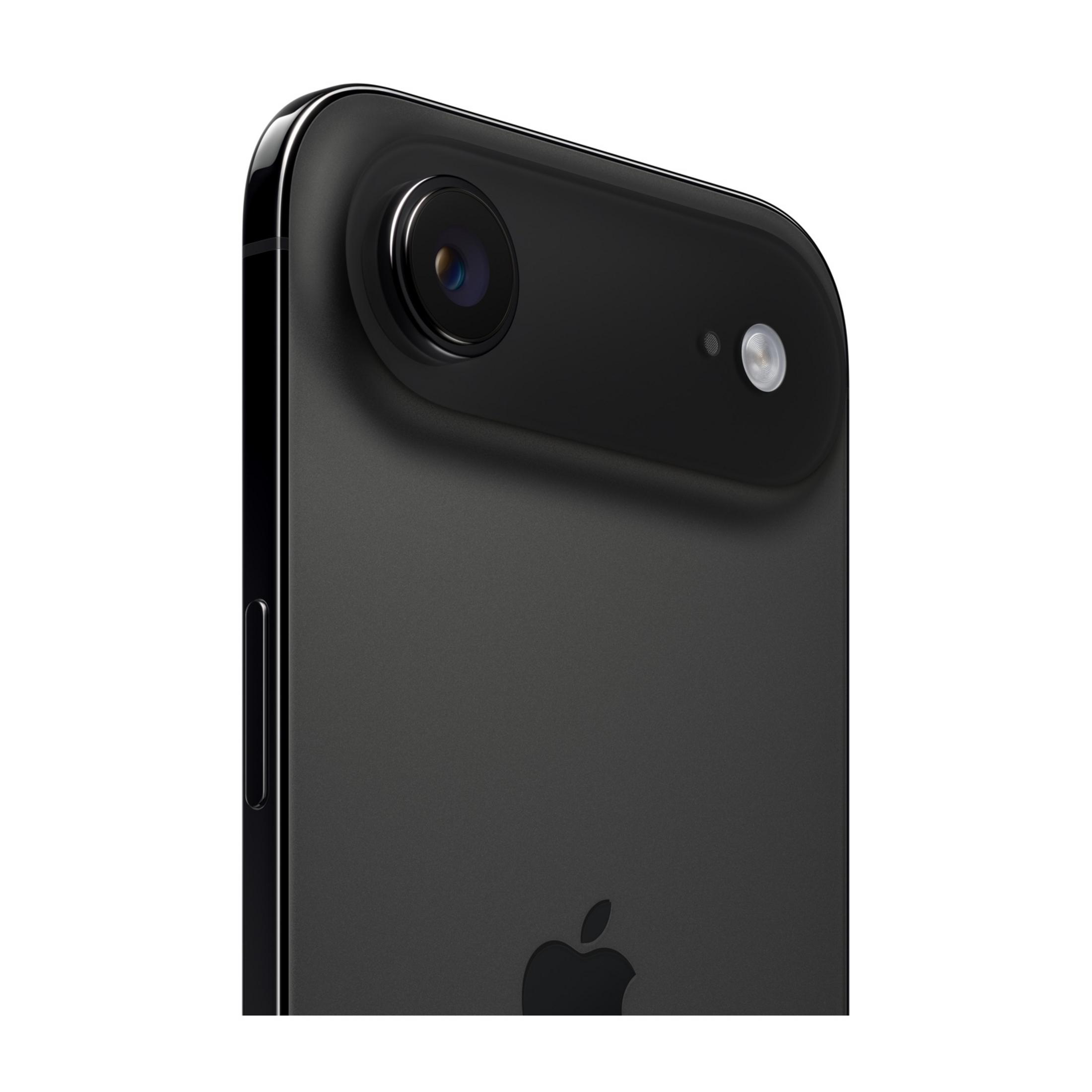 Primer plano de un iPhone negro mostrando la lente de la cámara y el flash.
