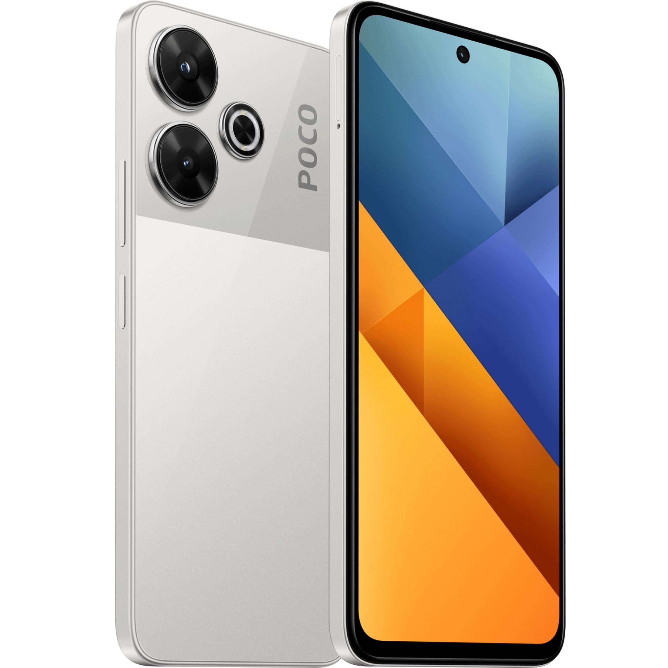 Un smartphone blanco con el logo de POCO y tres cámaras.