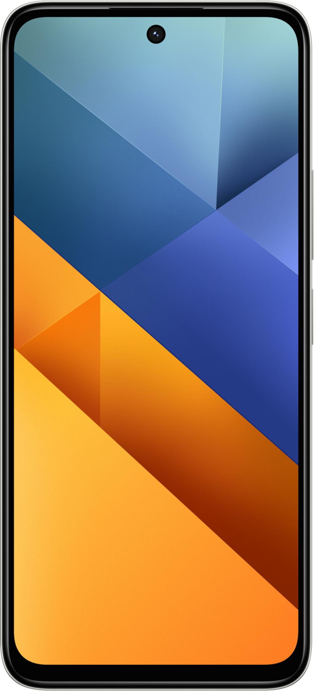 Un smartphone con un fondo abstracto geométrico en azul y naranja.